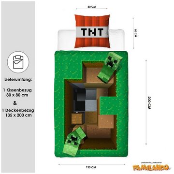 Kinderbettwäsche Minecraft "Base" 135x200 + 80x80cm Gamingbettwäsche aus 100% Baumwolle, Familando, Renforcé, 2 teilig, mit 3D Motiv und Creeper Figuren