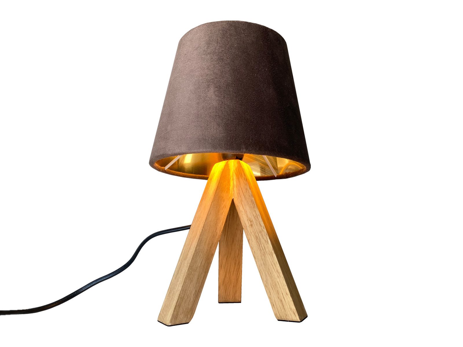 meineWunschleuchte Tischleuchte mit Holz & Samt Lampenschirm, Höhe 27cm, ohne Leuchtmittel, kleine Nacht-Tischlampe skandinavisch mit Holzfuß & E14 Stoff-Schirm