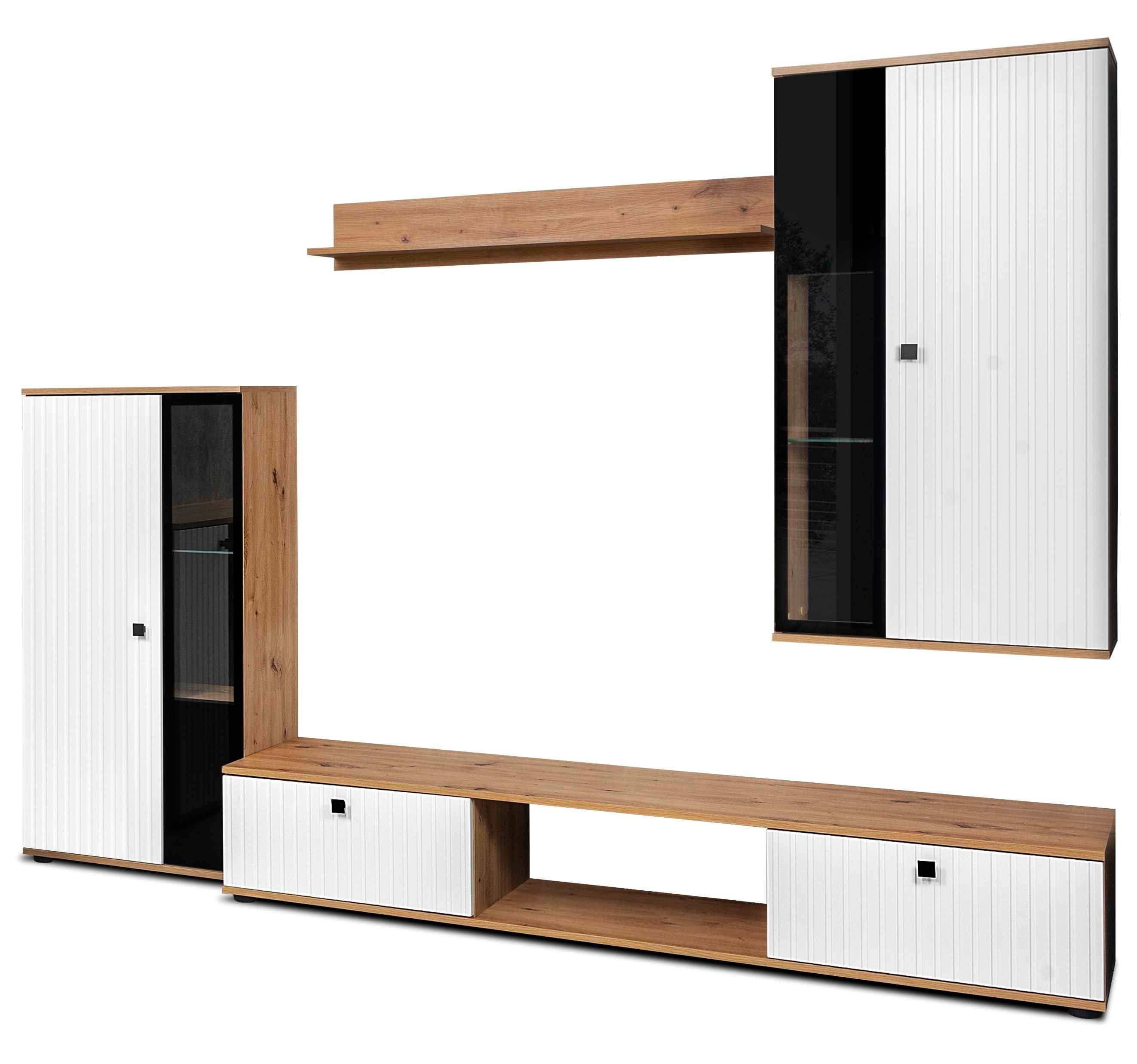 Furnix Wohnwand SARAI Mediawand Türen mit modern, teilverglaste (Set, Hochvitrine, Wandregal), Hängevitrine, TV-Schrank, Artisan-Weiß 4-teilig