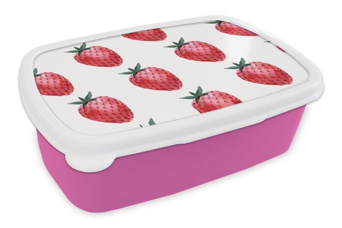 MuchoWow Lunchbox Erdbeere - Muster - Aquarell, Kunststoff, (2-tlg), Brotbox für Erwachsene, Brotdose Kinder, Snackbox, Mädchen, Kunststoff rosa