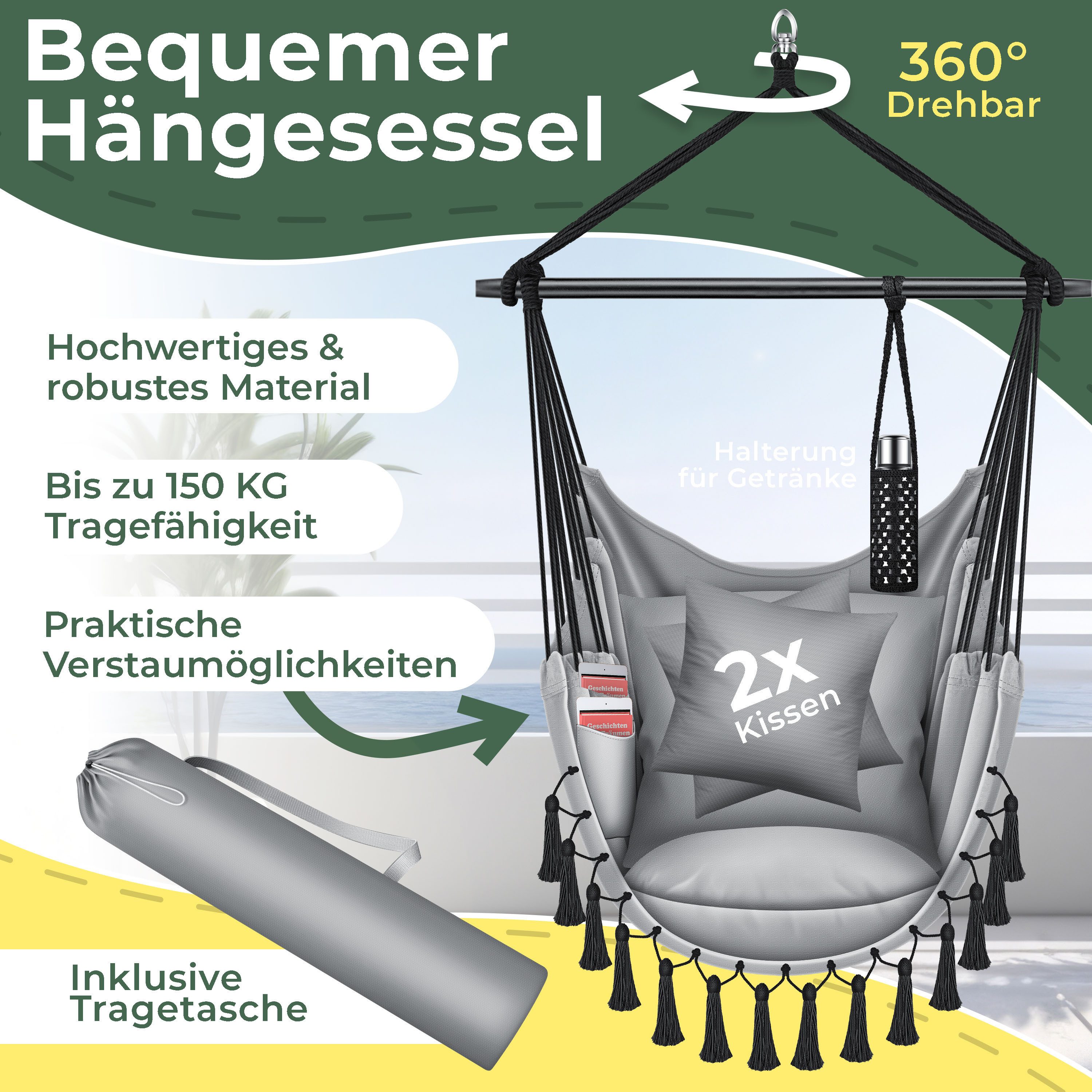 KESSER Hängesessel, Hängestuhl mit Kissen, Getränkehalter & Bücherfach belastbar bis 150kg