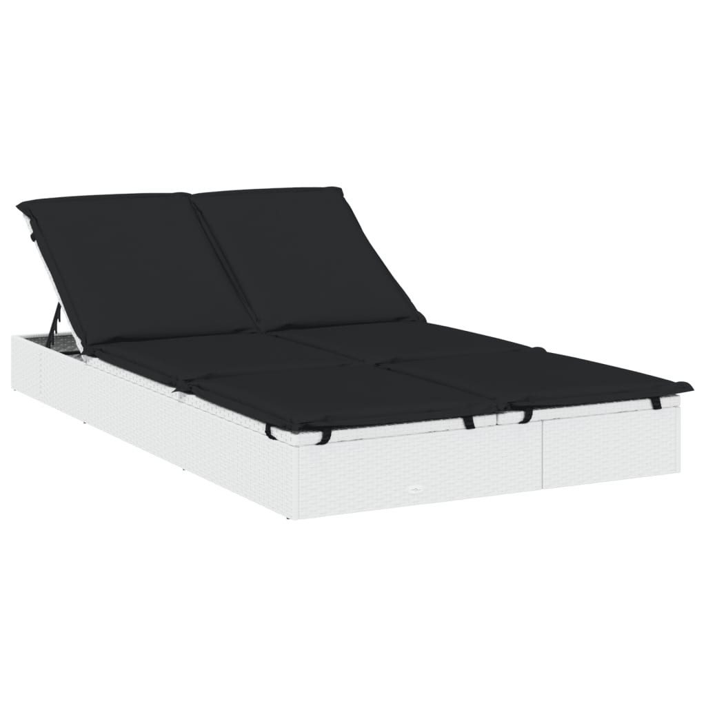 vidaXL Gartenliege Sonnenliege für 2 Personen mit Kissen Weiß Poly Rattan, 1 St.
