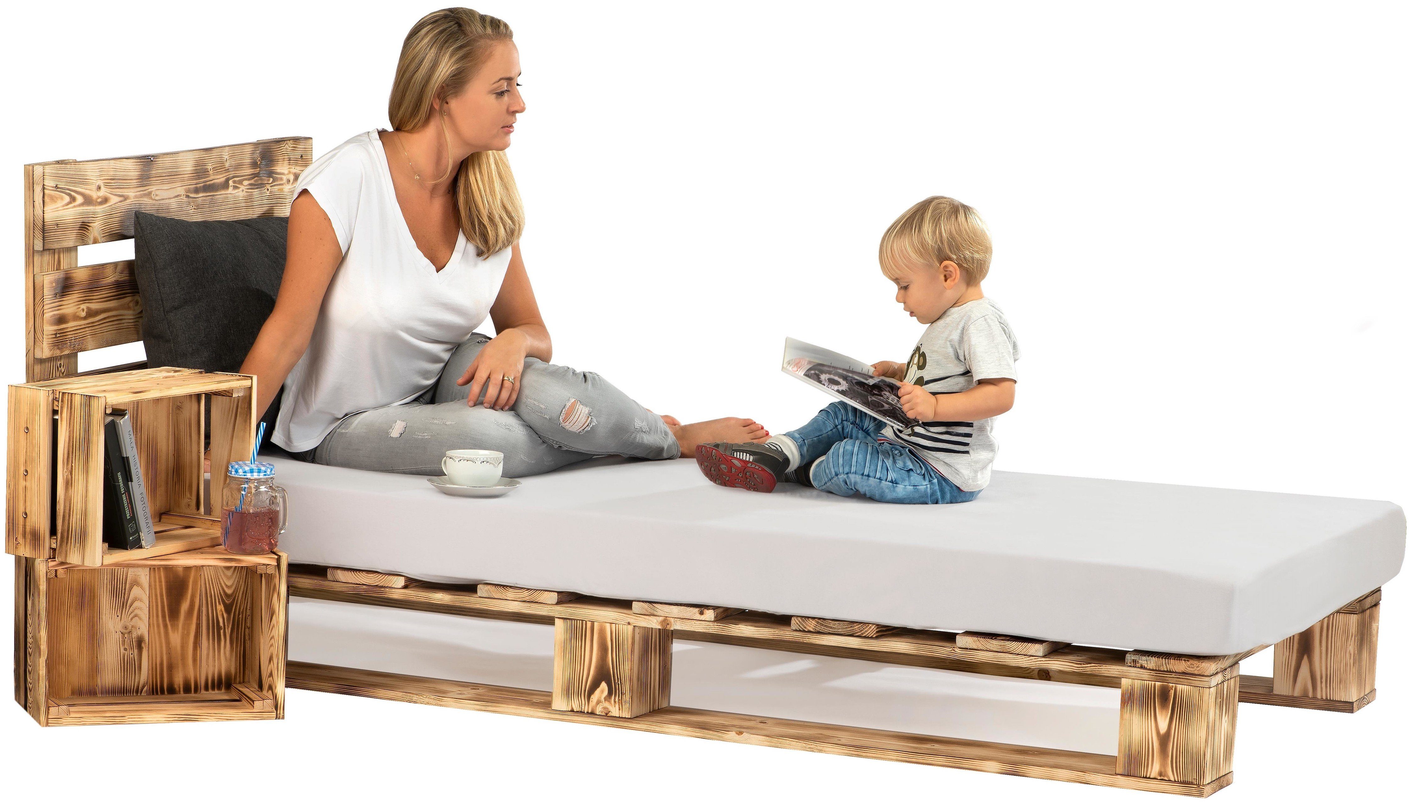sunnypillow Palettenbett mit Kopfteil Holzbett 80 90 100 120 140 160 180 200 220 240 x 200 cm, 80x200 cm geflammt
