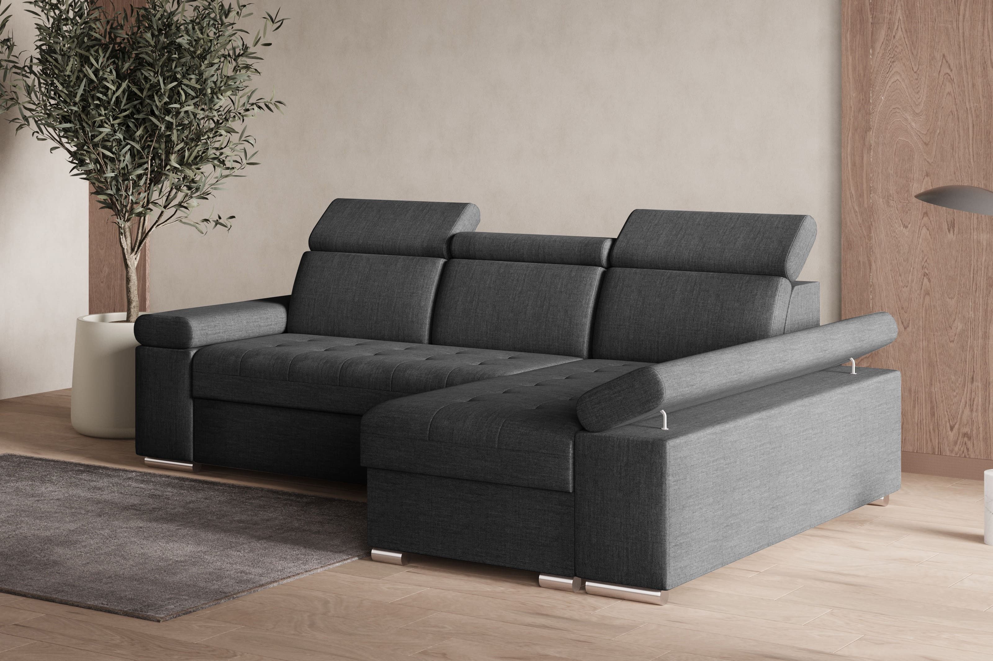 MOEBLO Ecksofa LUKA, modernes Schlafsofa, bequemes Sofa mit Liegefunktion, verstellbare Kopfstützen Sofa, Sofa mit Bettkasten, Ecksofa mit eleganten Metallfüßen, gemütliches Sofa für Wohnzimmer, Schlafsofa mit Stauraum, hochwertiges Ecksofa Stoff, modernes Design Sofa, großes Sofa für Gäste, Ecksofa mit Steppnähten, (BxHxT): 260x94x168 cm