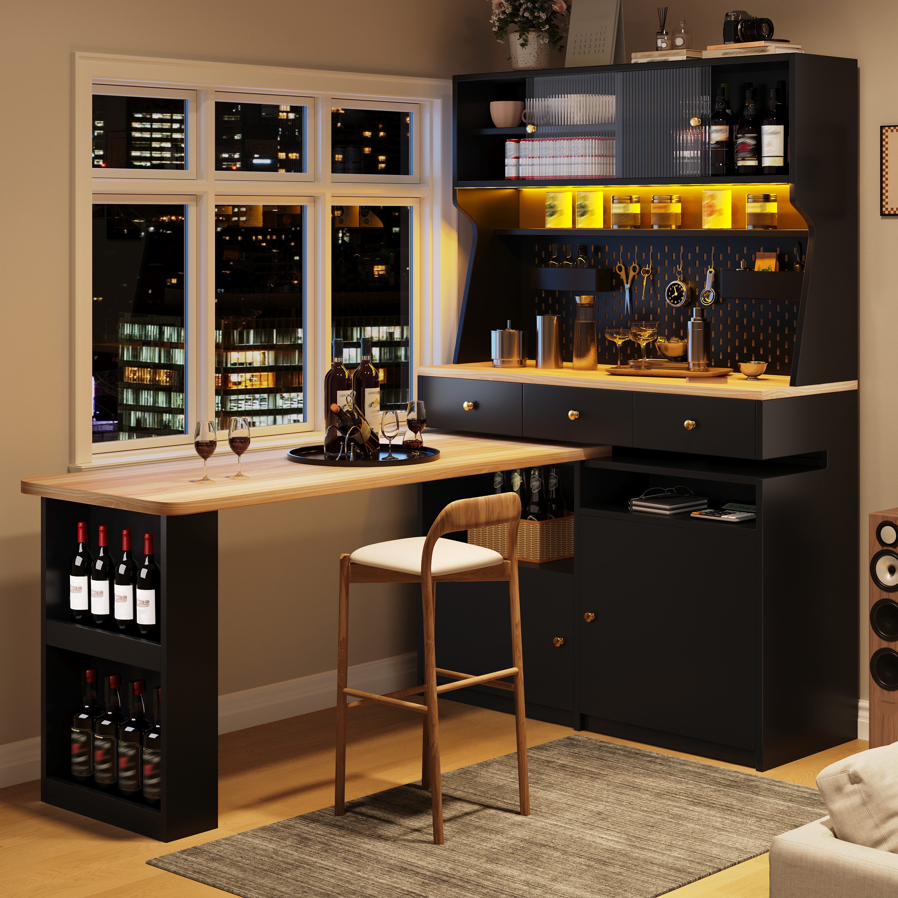 Flieks Buffet Küchenschrank Küchenbuffet mit 360° drehbar Esstisch (Buffetmaße: 119,2x44,8x177,7 cm, Tischplattemaße: 137x59 cm, 2-St., mit Acryl-Schiebetür und Schubladen) Hochschrank mit LED-Beleuchtung & Stecktafel, Arbeitstisch mit Ablagen