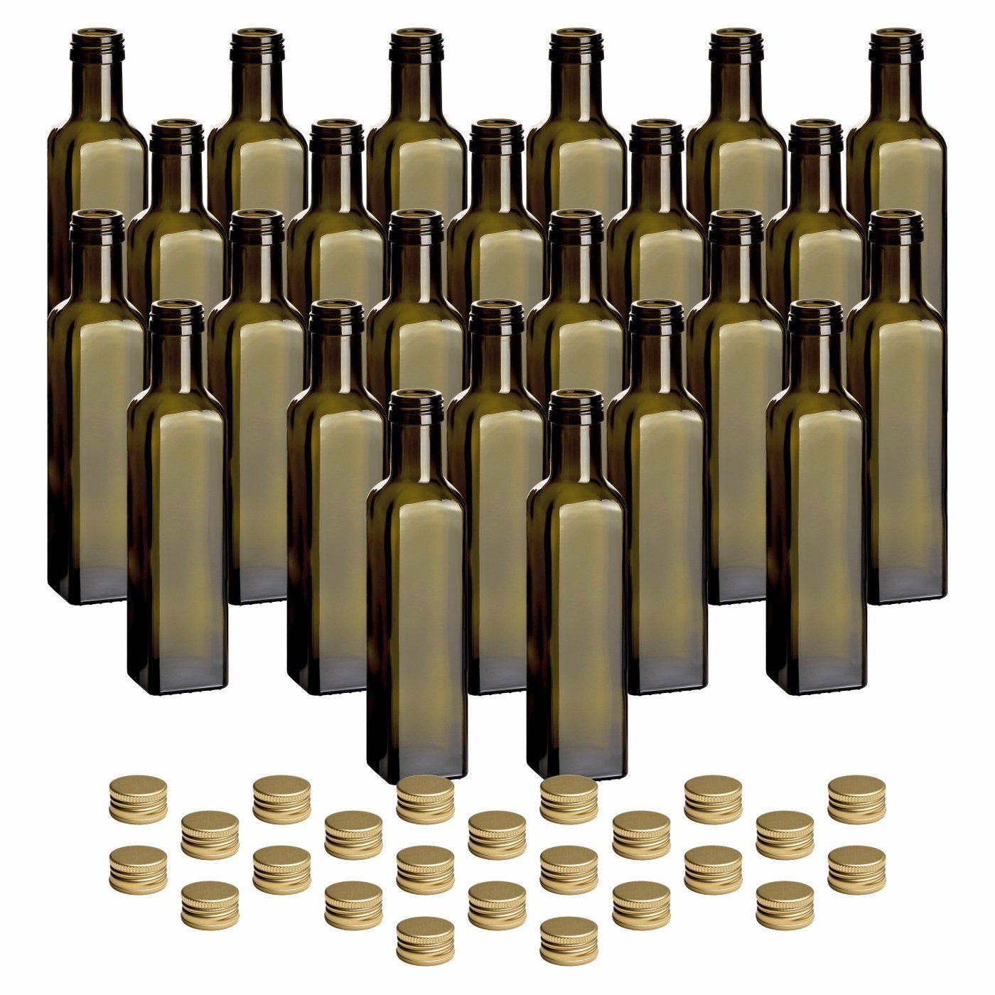 gouveo Trinkflasche Glasflaschen 250 ml Maraska -Antik- mit Schraubdeckel - Flasche 0,25 l, 24er Set, goldfarben