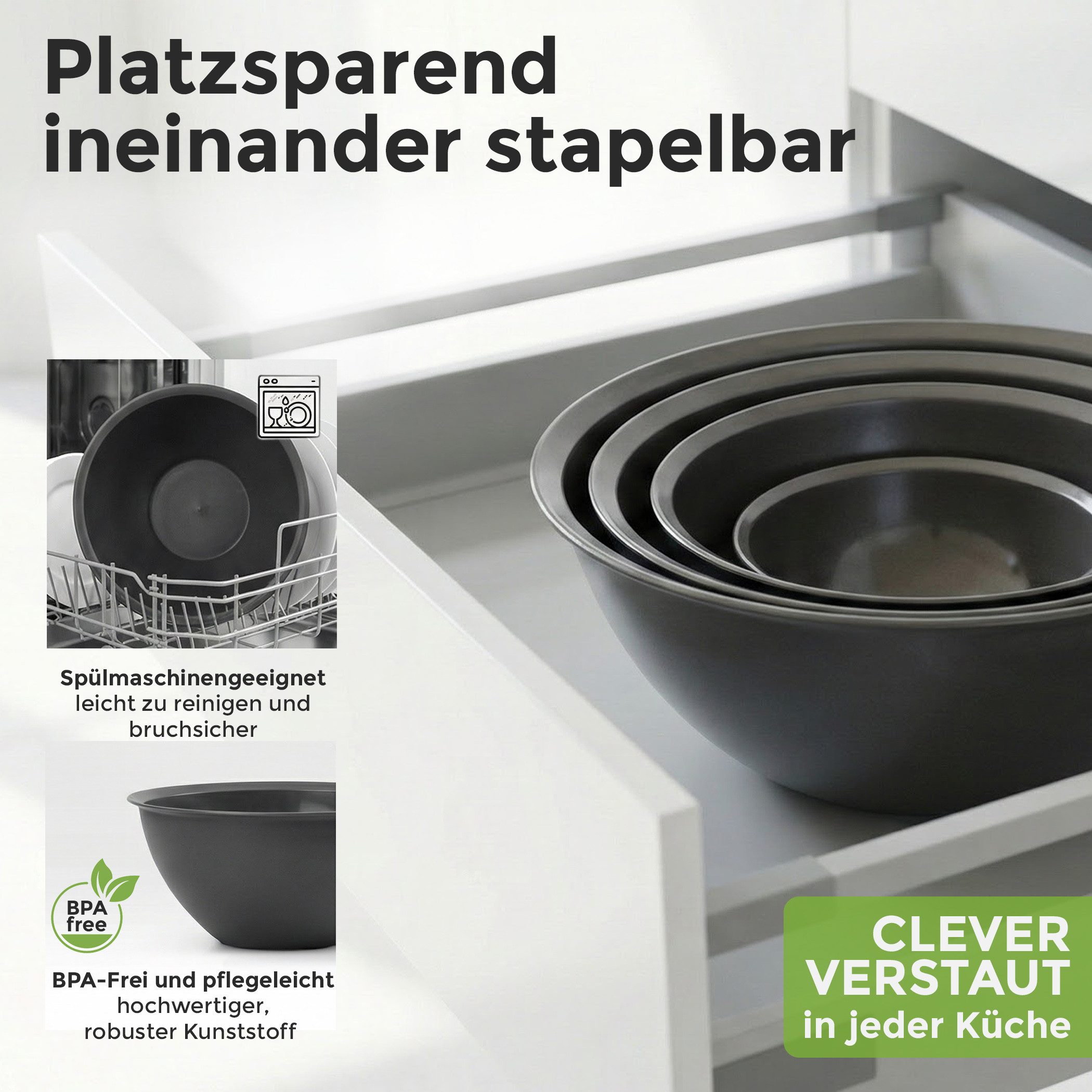 Hausfelder Salatschüssel Schüssel Set groß mit Deckel, 0,7-6 L Anthrazit Schwarz), Kunststoff, (8-tlg), Schüsseln 1x6 L, 1x3,6 L, 1x1,9 L, 1x0,7 L – Bild 5 von 5