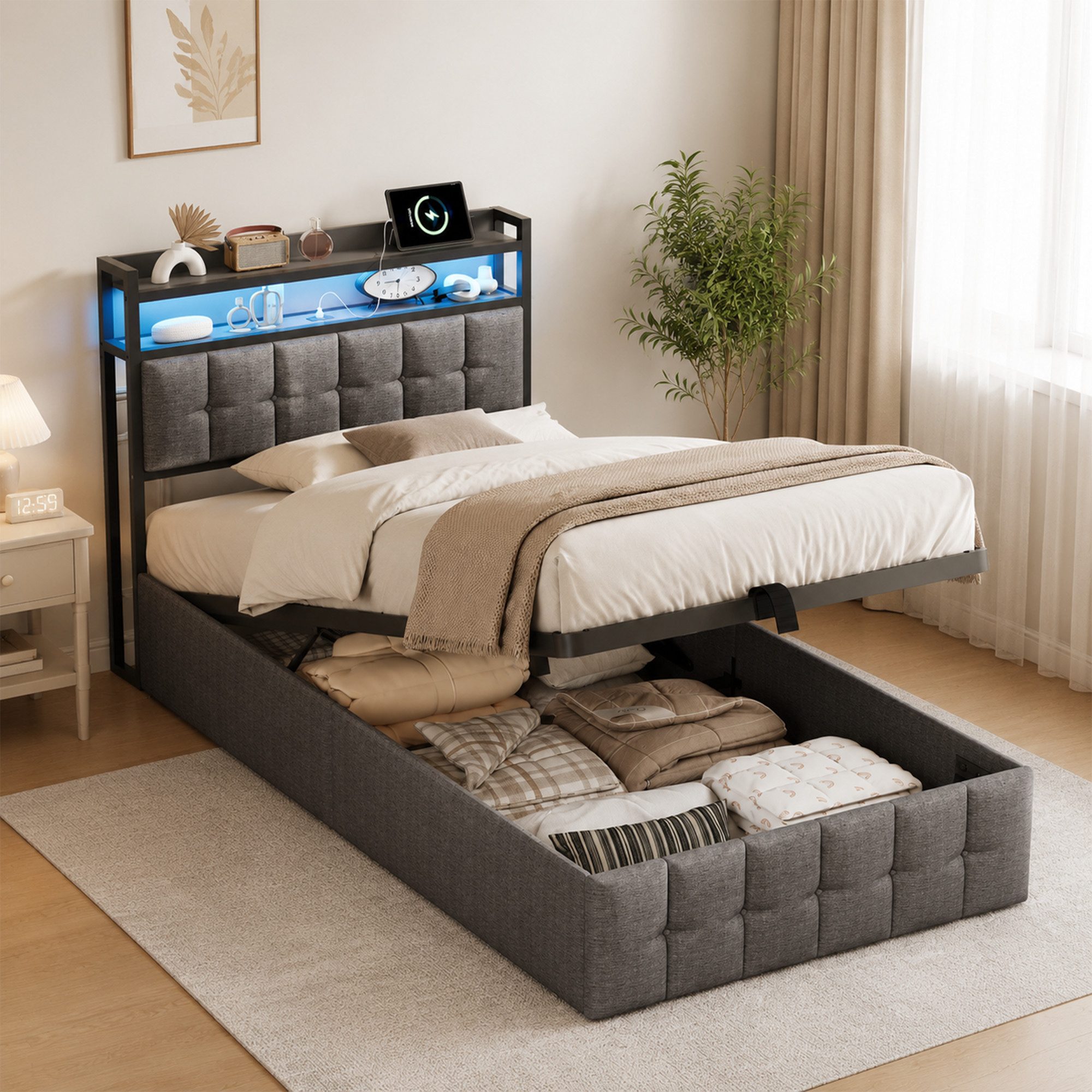 Simurq Stauraumbett Polsterbett 90x200 mit Stauraum, Einzelbett mit Gasdruckfeder (RGB LED, USB & Type-C Anschluss, Stauraum-Kopfteil), …