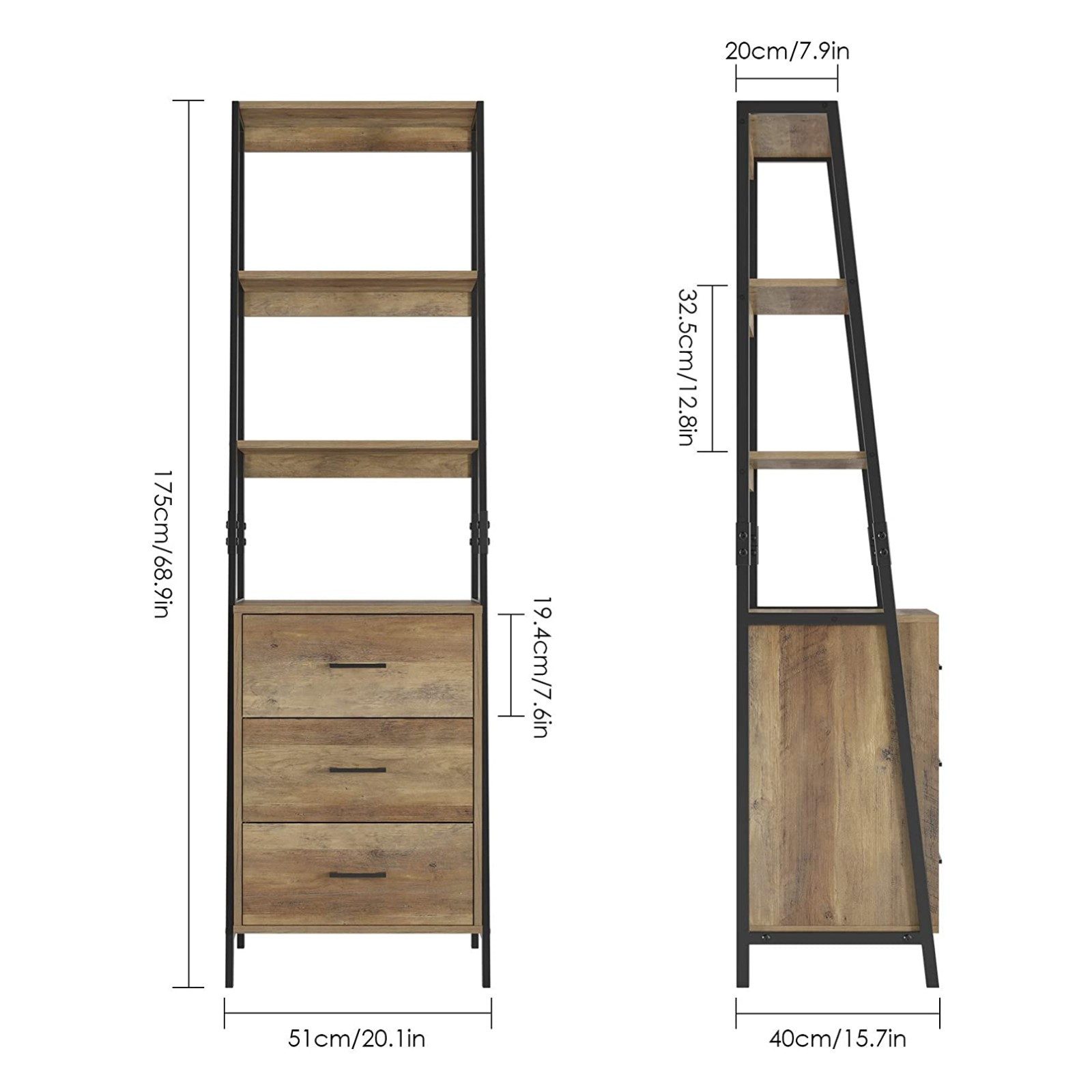 HOMECHO Bücherregal, Standregal 3 Ebenen Leiterregal Holz Metallgestell braun