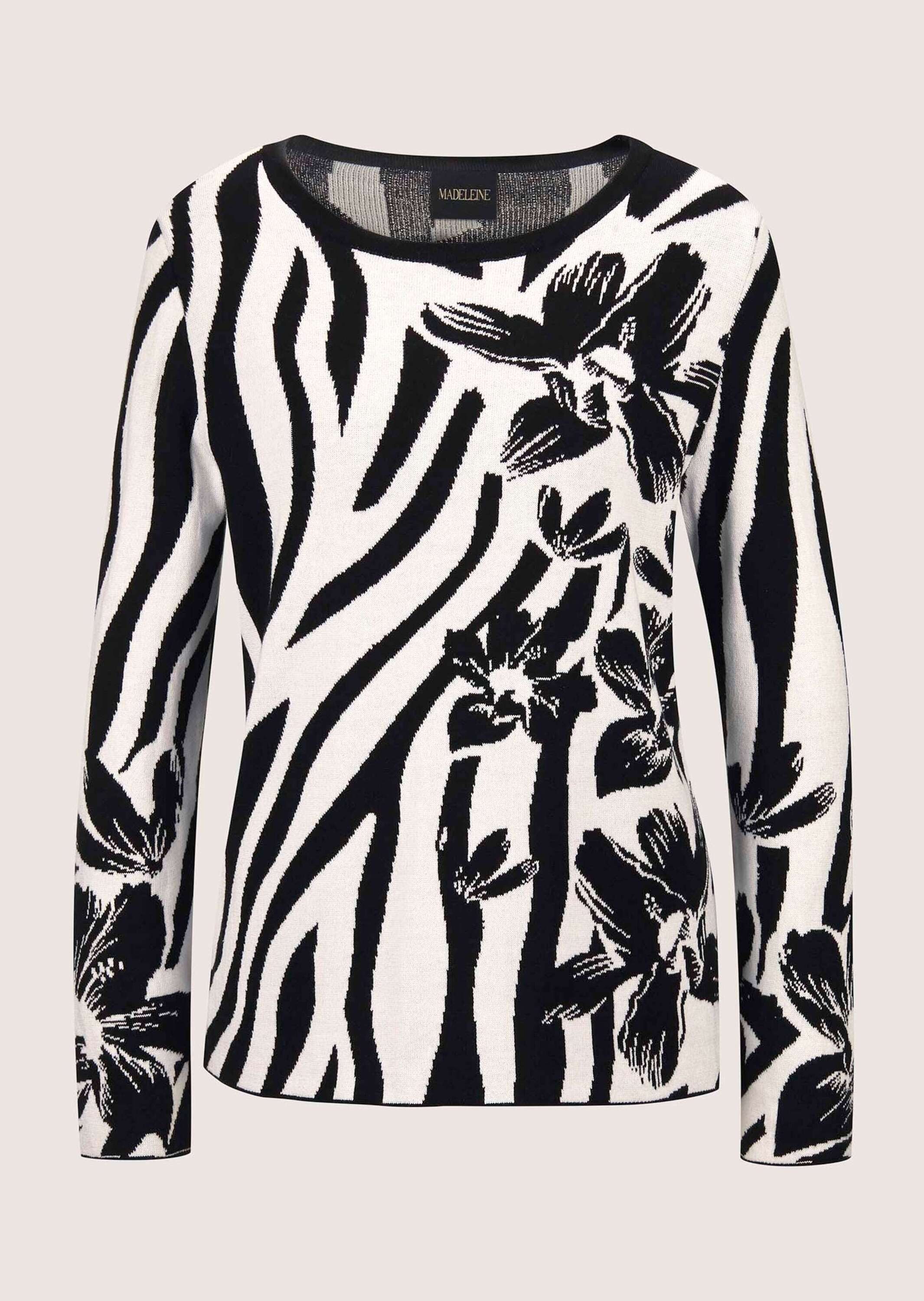 MADELEINE Strickpullover Intarsienpullover mit Zebra- und Blumenmuster Baumwollpullover mit Rundhalsausschnitt und langarm