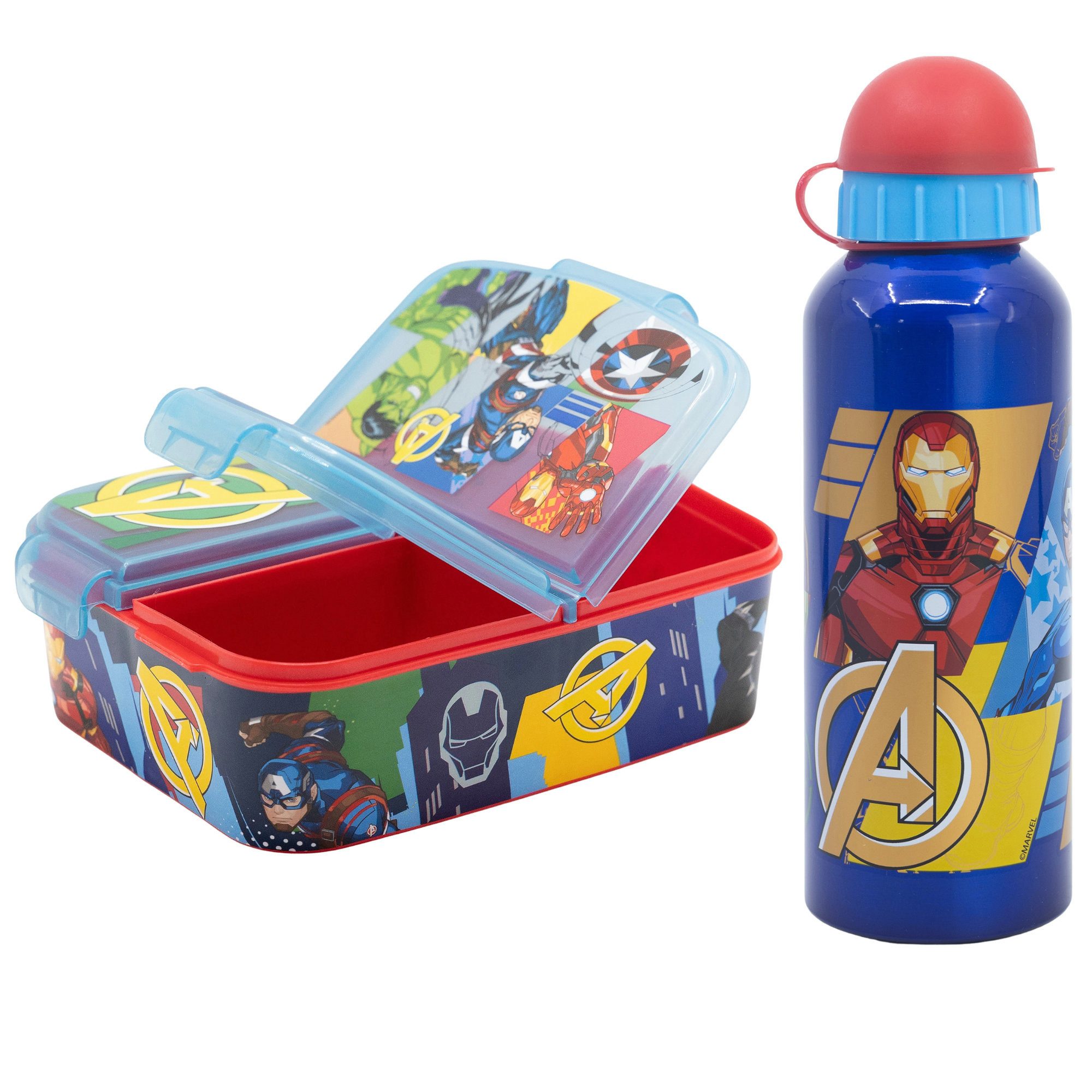 MARVEL Lunchbox Marvel Avengers Kinder Set 2 tlg 3 Kammern Brotdose Alu-Trinkflasche, (Spar-Set, 2-tlg., 1x Brotdose, 1x Trinkflasche), 530 ml