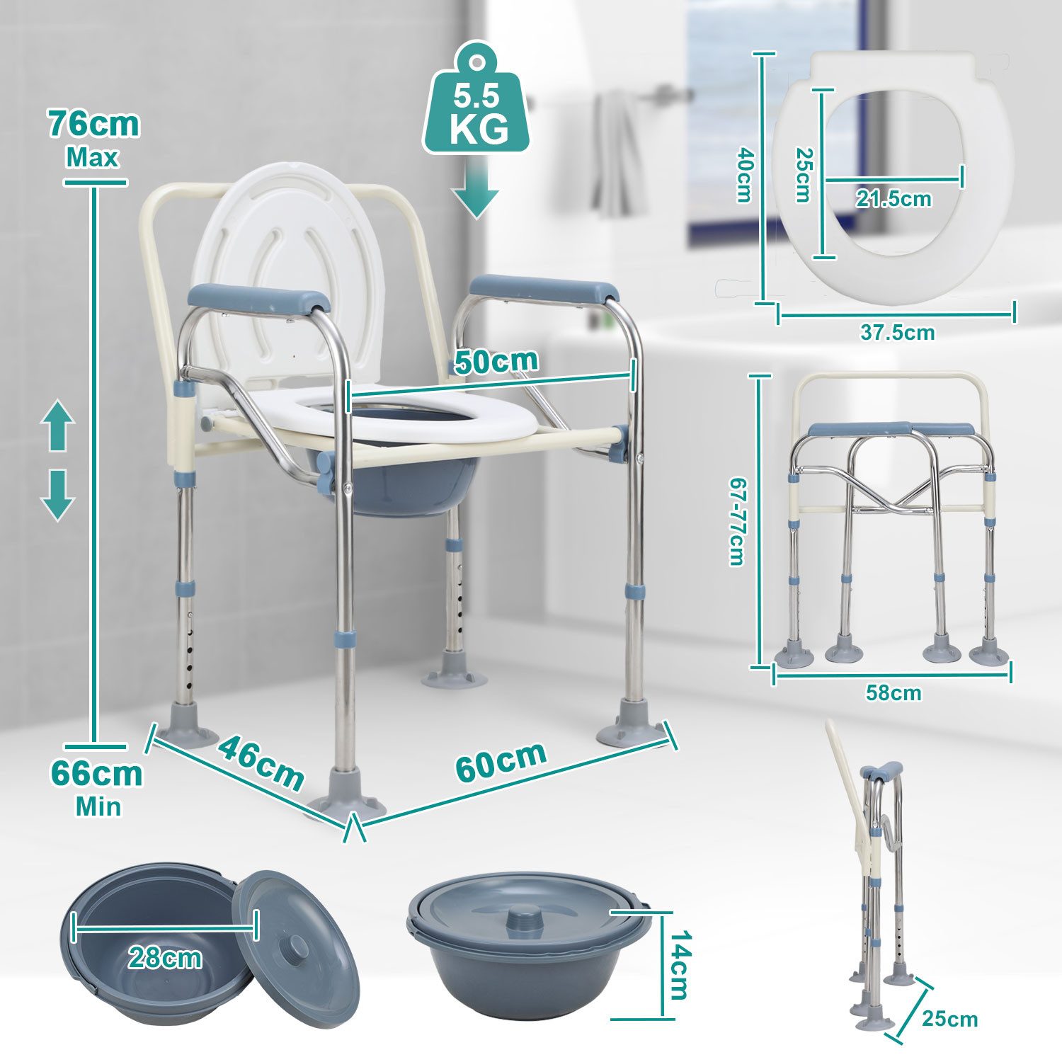 Clanmacy Toiletten-Stuhl Faltbar Toilettenstuhl mit Eimer Höhenverstellbar günstig online kaufen
