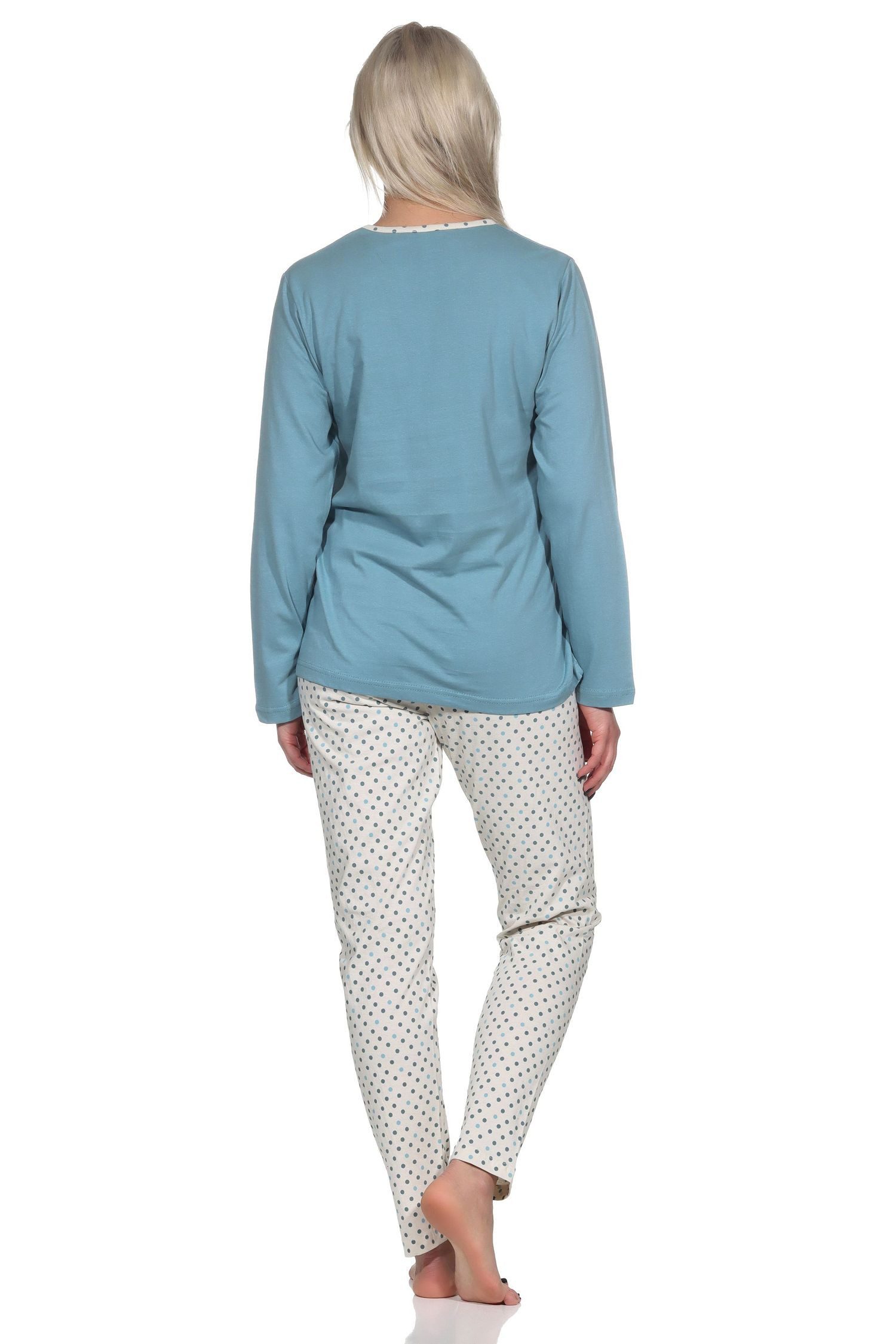 Normann Pyjama Normann Damen Schlafanzug lang mit Pyjamahose in Tupfen Punkte Optik