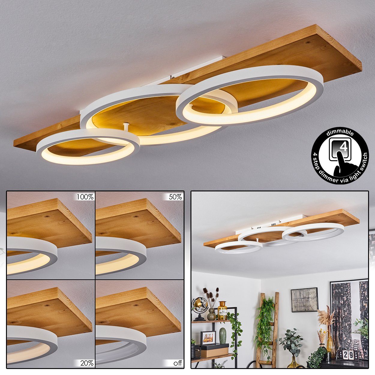 hofstein Deckenleuchte »Palermo« moderne Deckenlampe aus Metall/Holz/Kunststoff in Natur/Weiß, 3000 Kelvin, 97cm, dimmbar über Lichtschalter, 4700 Lumen, 1xLED 40 Watt