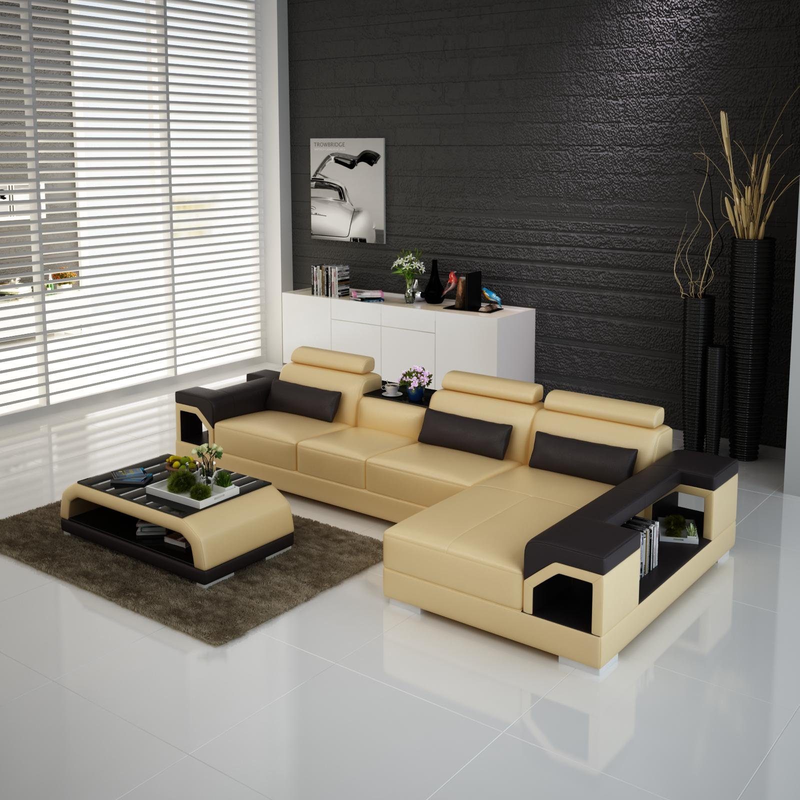 JVmoebel Ecksofa, Couch Ecksofa Leder Wohnlandschaft Garnitur Design Modern Gelb/Braun