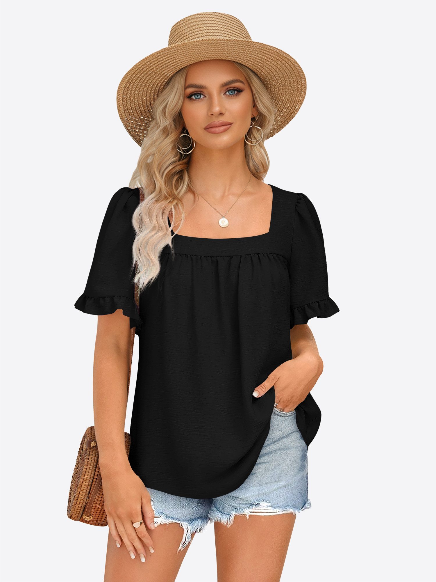 T-Shirt Damen Sommer Kurzarm Quadratausschnitt Puffärmeln Rüschen Casual