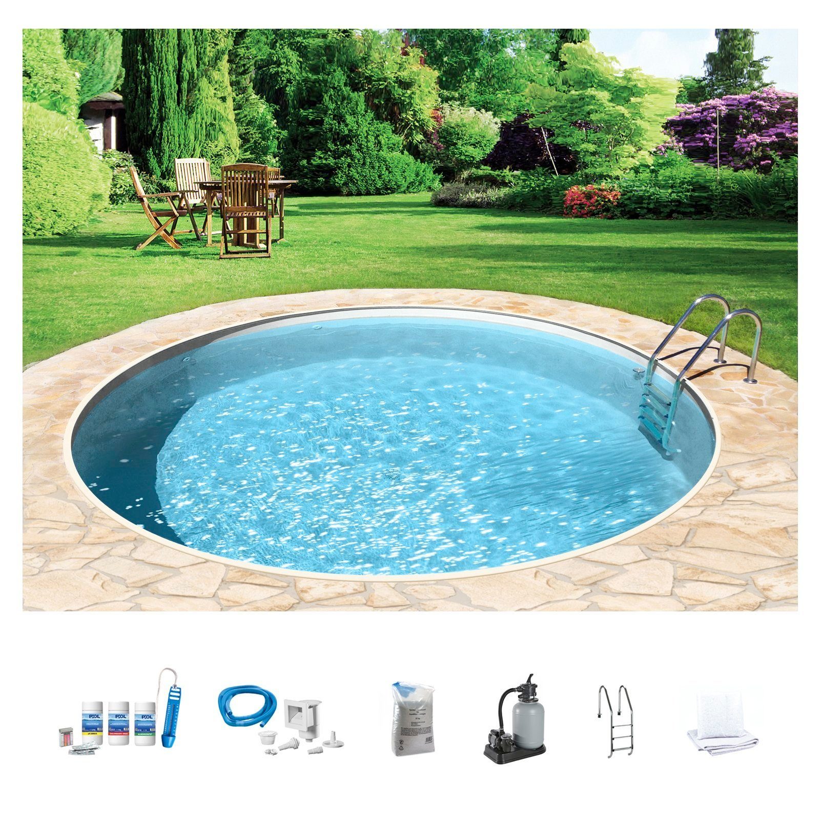 my POOL BWT Rundpool mit sandfarbener Folie für den Karibik Look (Komplett-Set, 7-tlg), Höhe: 150 cm, in versch. Größen verfügbar