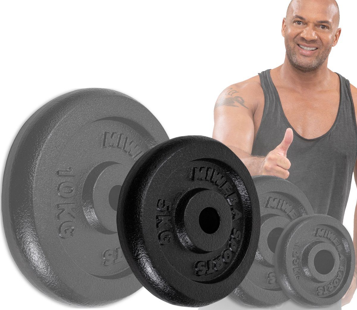 Miweba Sports Hantelscheibe Profi Gusseisen Hantelscheiben HSG - 1.25 - 10 kg, 20 kg, (4er-Set, Hantelscheibenset, Hantel Gewichte Set, Gewicht Scheiben, Muskelaufbau, Workout, Training, Ganzkörpertraining, 4-tlg., 4 x 5 kg, Ø 30 mm, Gusseisen, 21 x 3.0 cm), Gewicht Scheiben Krafttraining Fitnessgerät - Fitness Hantel Zubehör