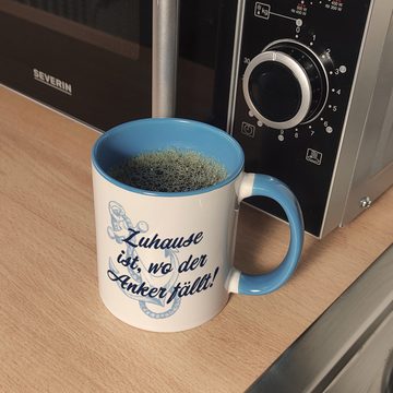 speecheese Tasse Anker Kaffeebecher in hellblau mit Spruch Zuhause ist wo der fällt