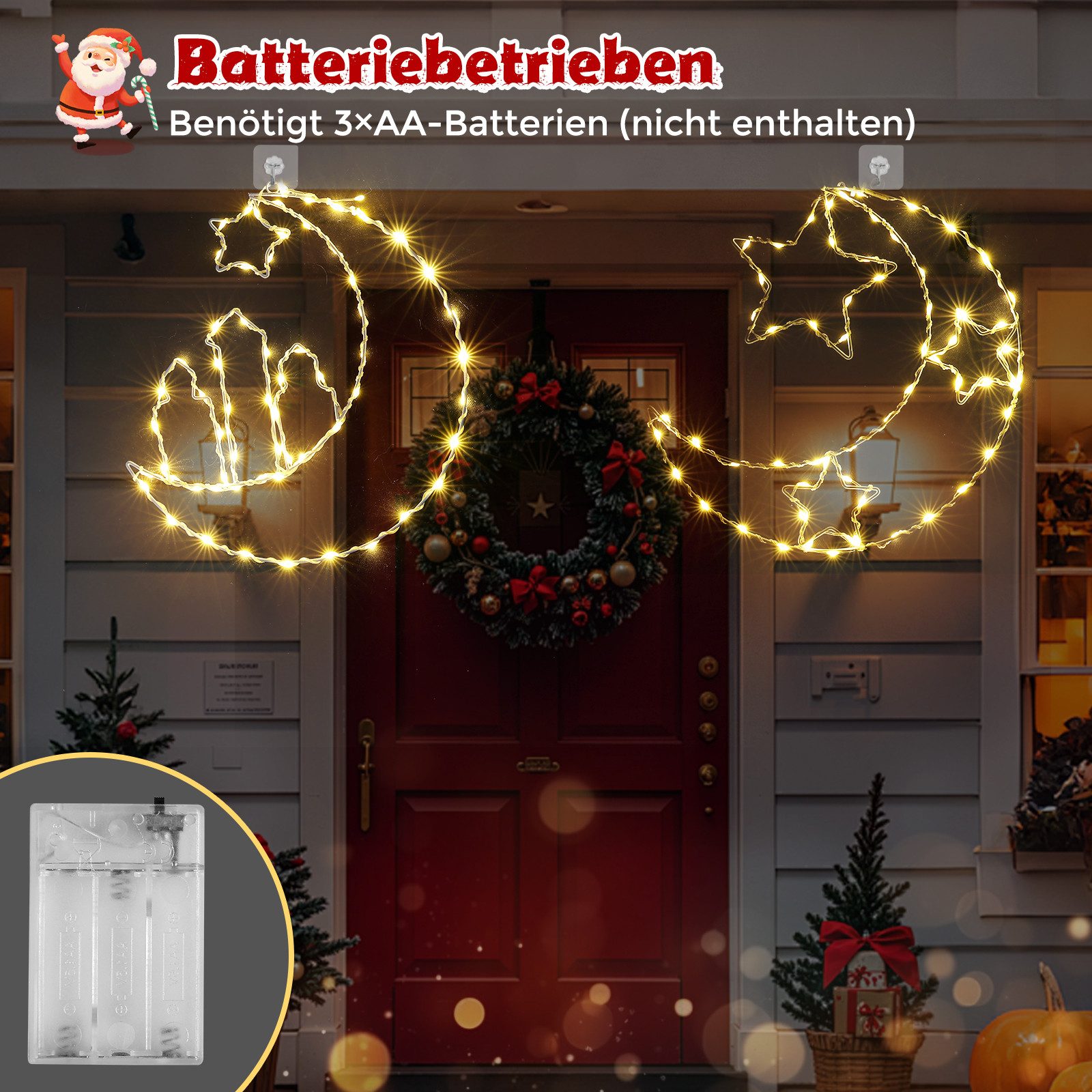 Quntis LED-Lichterkette LED Weihnachtsstern 2er Set, Warmweiße Lichter, Batteriebetrieben, Weihnachtsdeko für Wand & Fenster mit 2 Haken, Innen IP20 – Bild 4 von 5