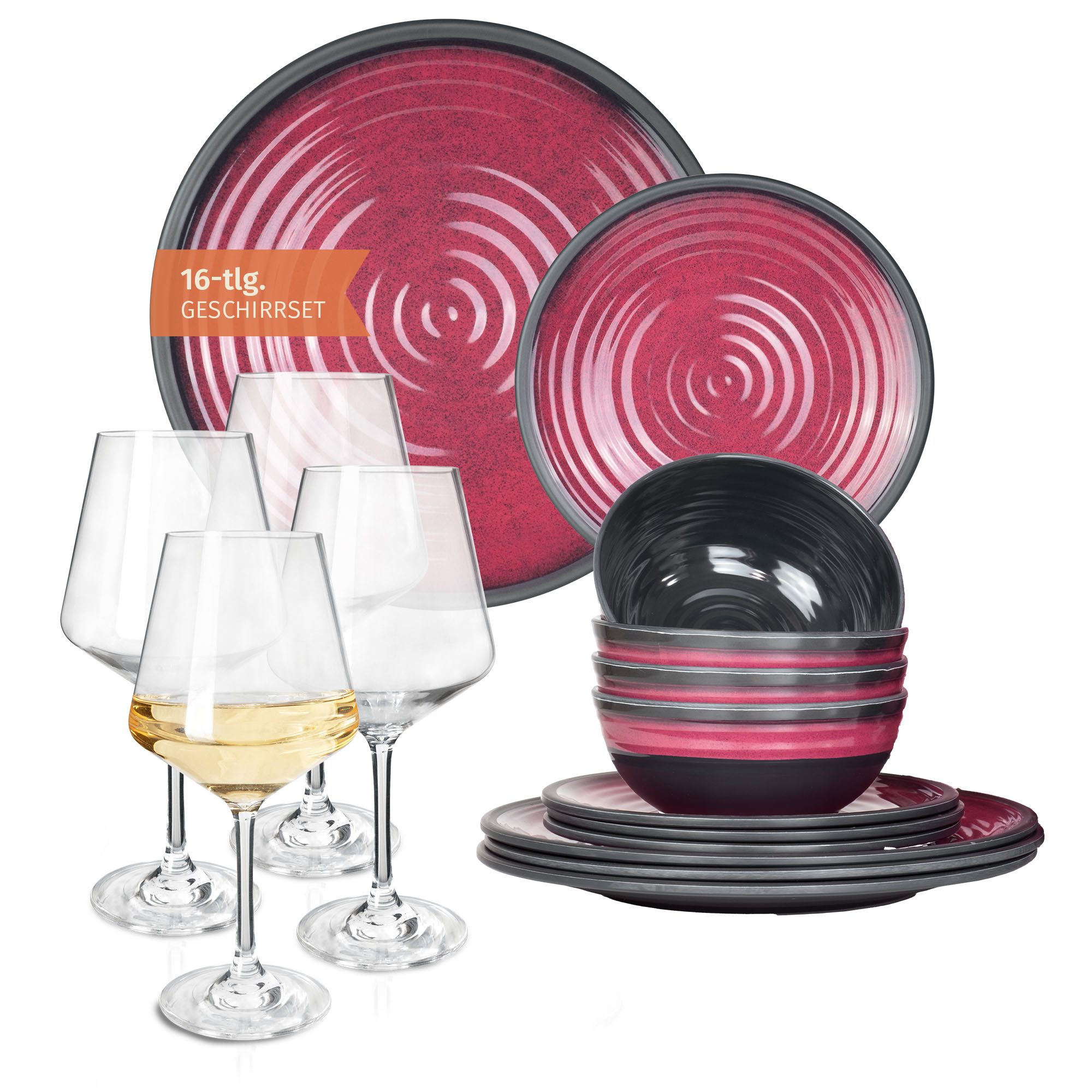 Moritz Geschirr-Set Camping Geschirr Stone Red + Milano Weißweingläser
