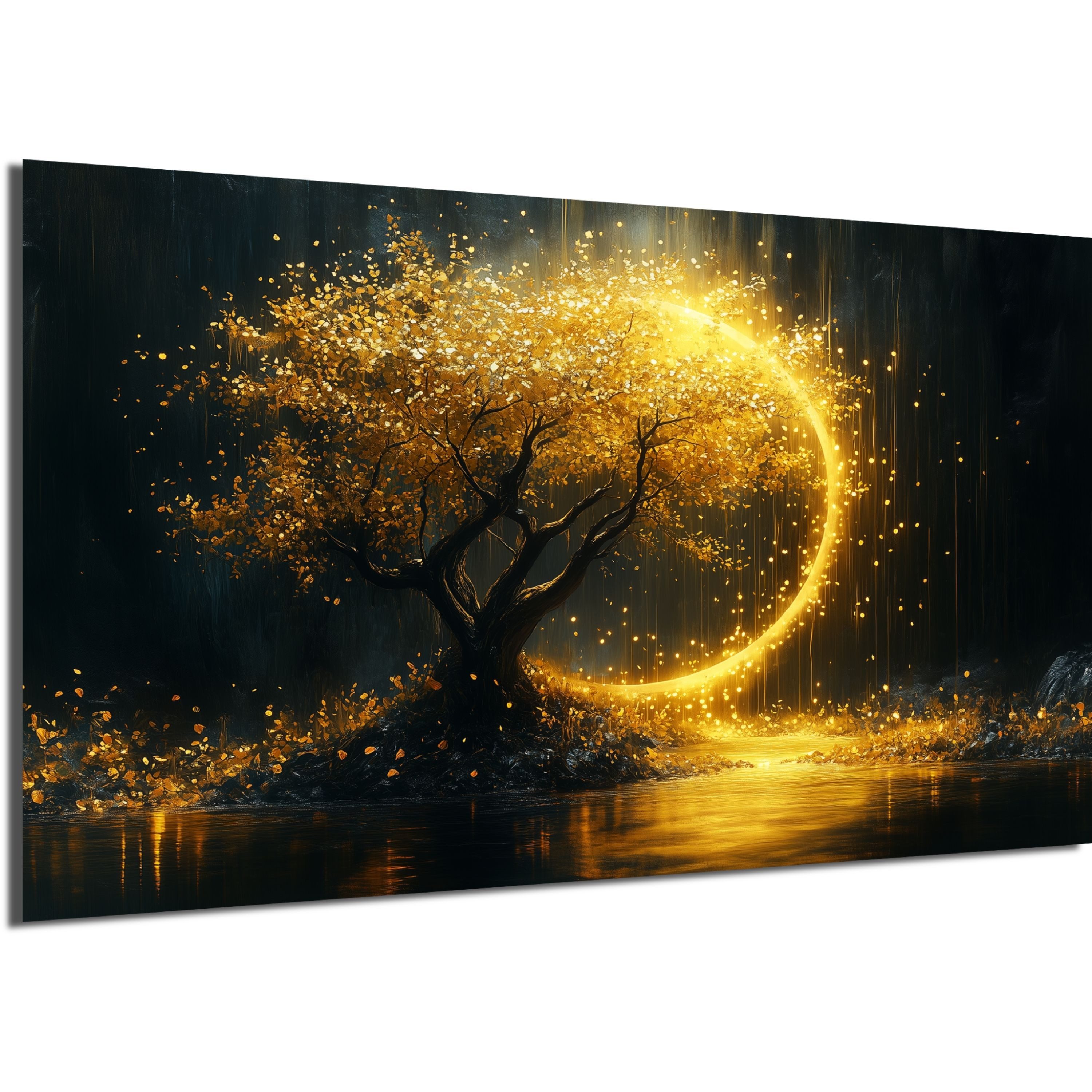 DARO Design Leinwandbild Modern Abstrakt Wandbilder XXL Wandbild Wand Deko Leinwand Bilder, (Bäume mit goldenem Mond - Bild groß Wohnzimmer Schlafzimmer Küche Esszimmer Einteilig Querformat Fotodruck Leinwände Wanddeko Abstrakte Kunst Boho), 30x20cm
