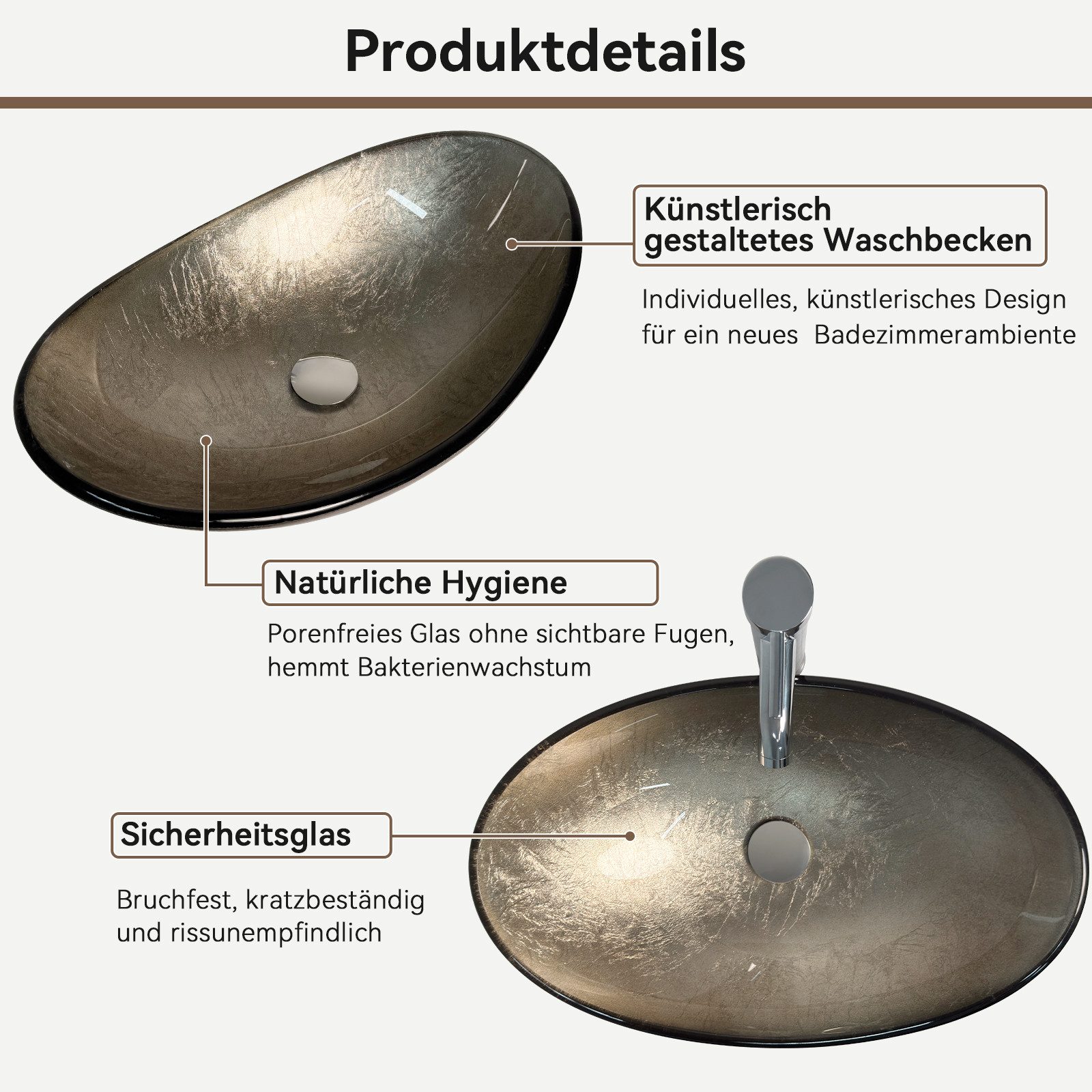 Puluomis Aufsatzwaschbecken Waschbecken Set mit Wasserhahn und Ablaufgarnitur Oval, Handgezeichnet Waschschale, Waschplätze für Badezimmer Küche WC