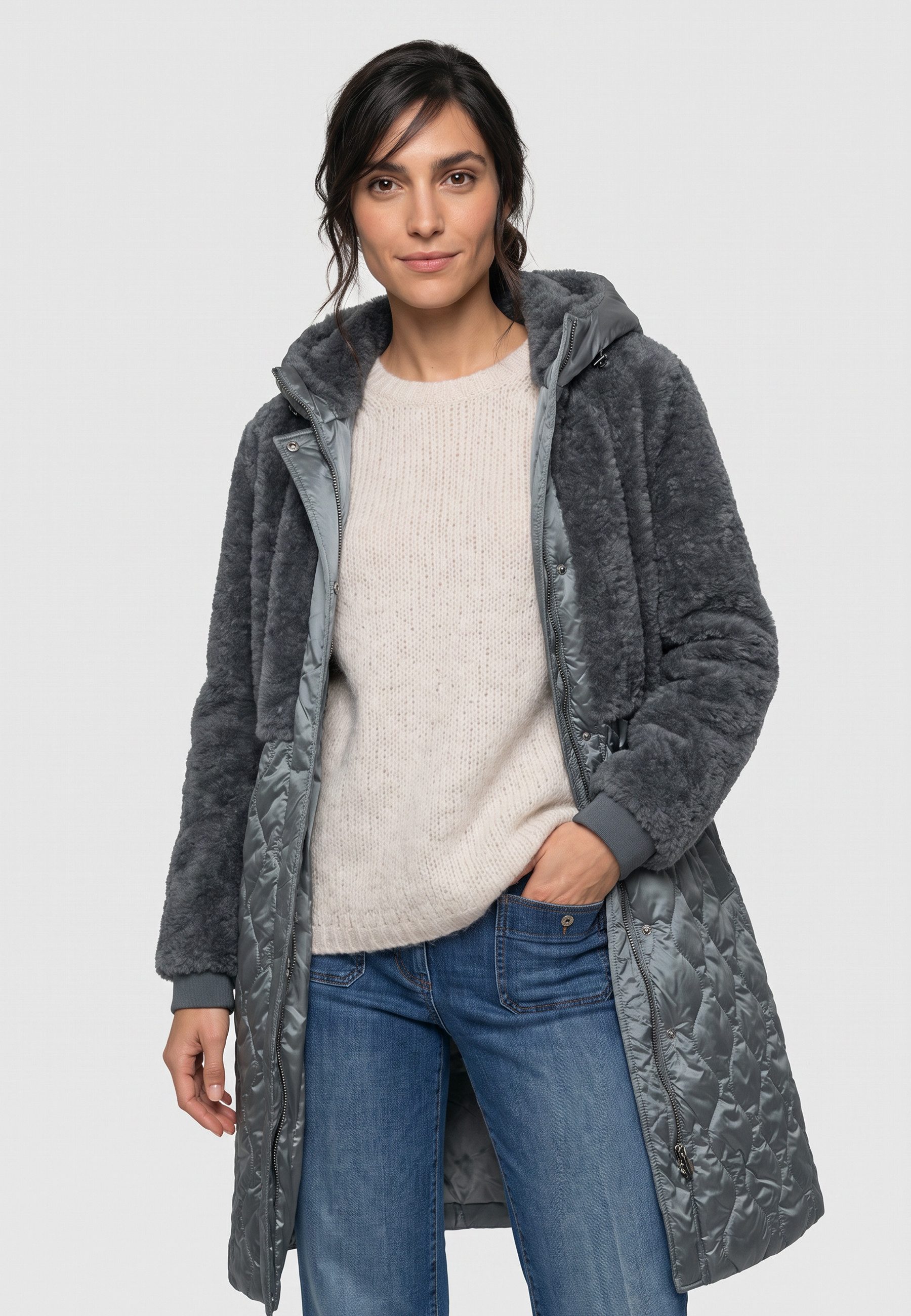 Olsen Wintermantel mit Kapuze und Leistentaschen
