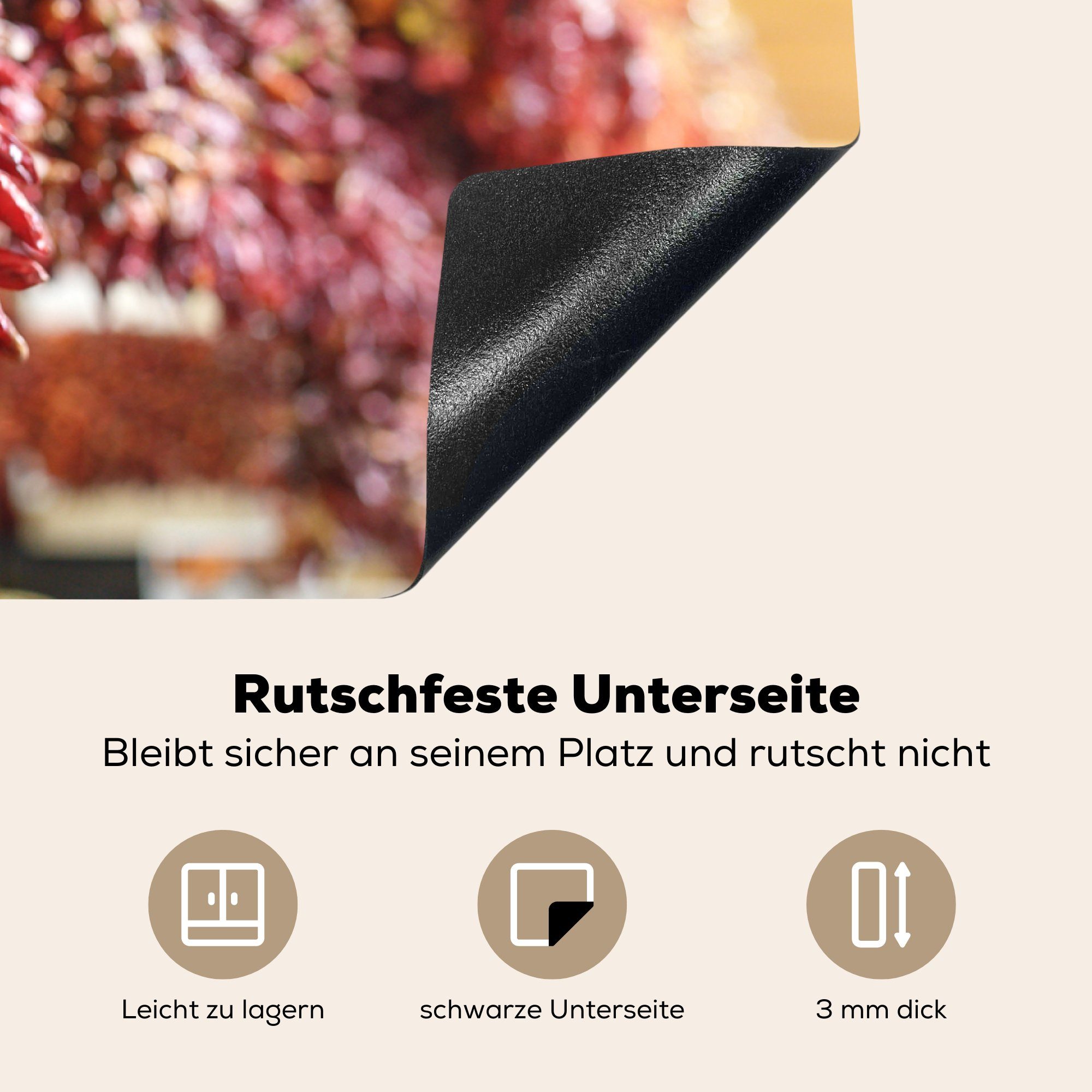 in Ceranfeldabdeckung, Verkauf Markt auf cm, tlg), MuchoWow Herdblende-/Abdeckplatte Vinyl, (1 Getrocknete dem zum 83x51 Portugal, für Chilischoten küche Arbeitsplatte