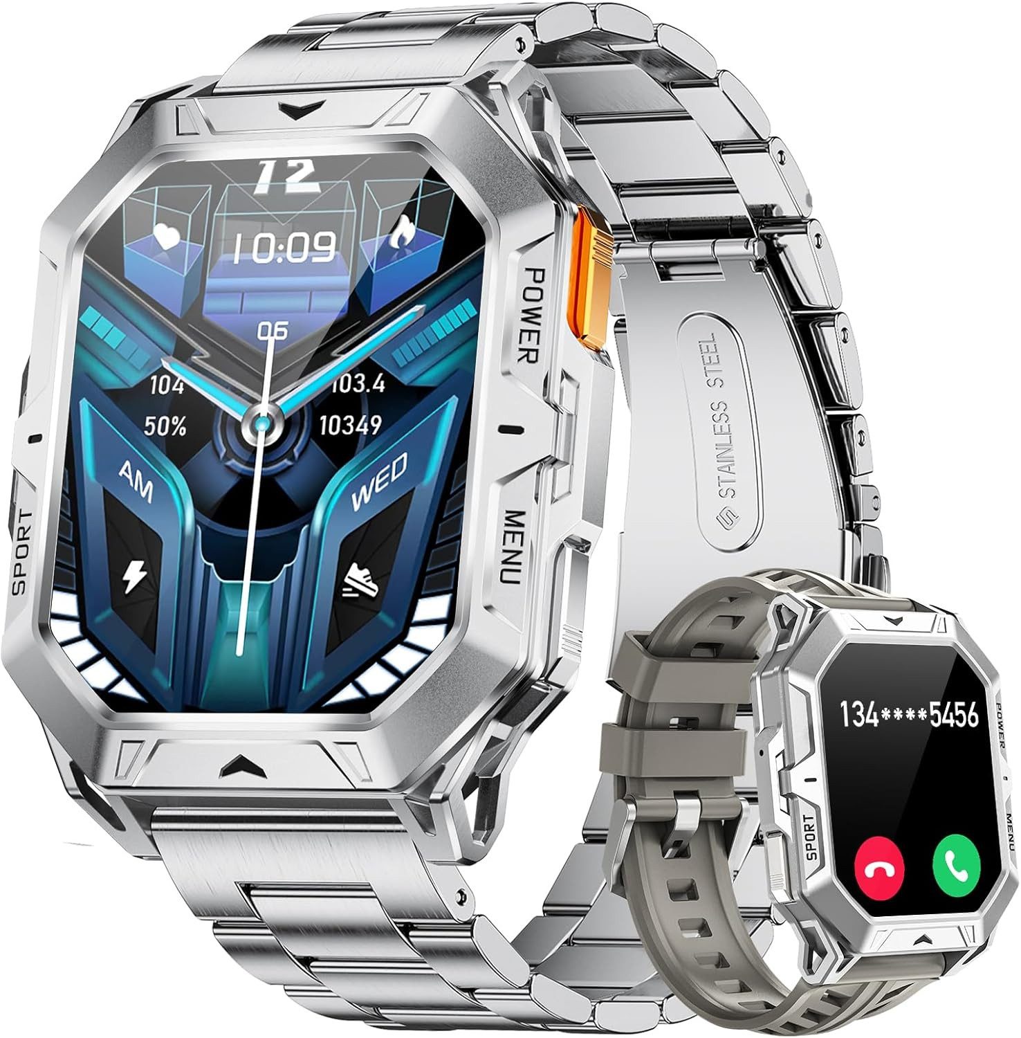 Lige TX1-H Smartwatch (5,4 cm, android ios), Taktische Herren-Smartwatch mit 100+ Sportmodi und Outdoor-Funktionen