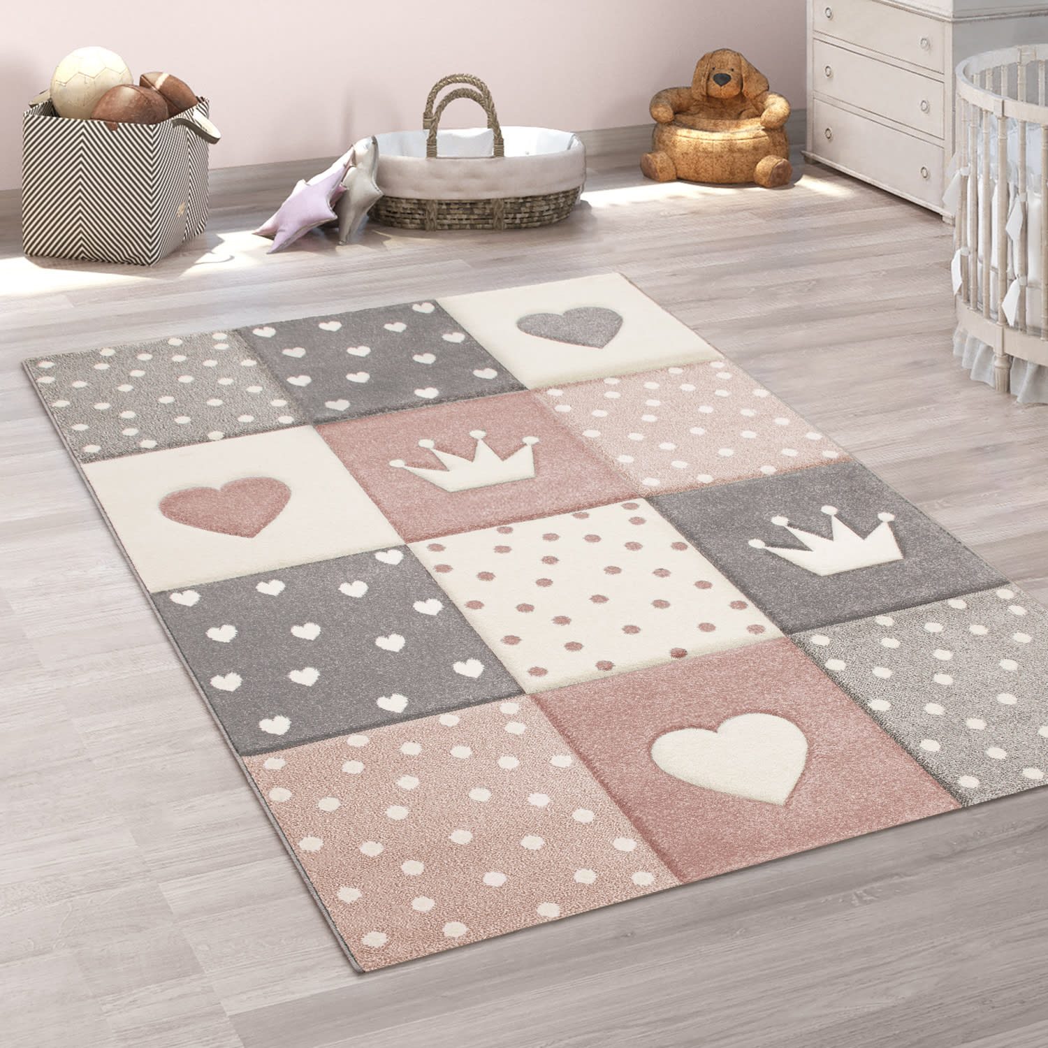 KADIMA DESIGN Kinderteppich Herz‑Kronen‑Patchwork‑Muster Kinderzimmer Kinderteppich, Läufer, Höhe: 16 mm, Florhöhe: 12 mm, 100% Polypropylen, Rechteckig, 80x150cm, Pink