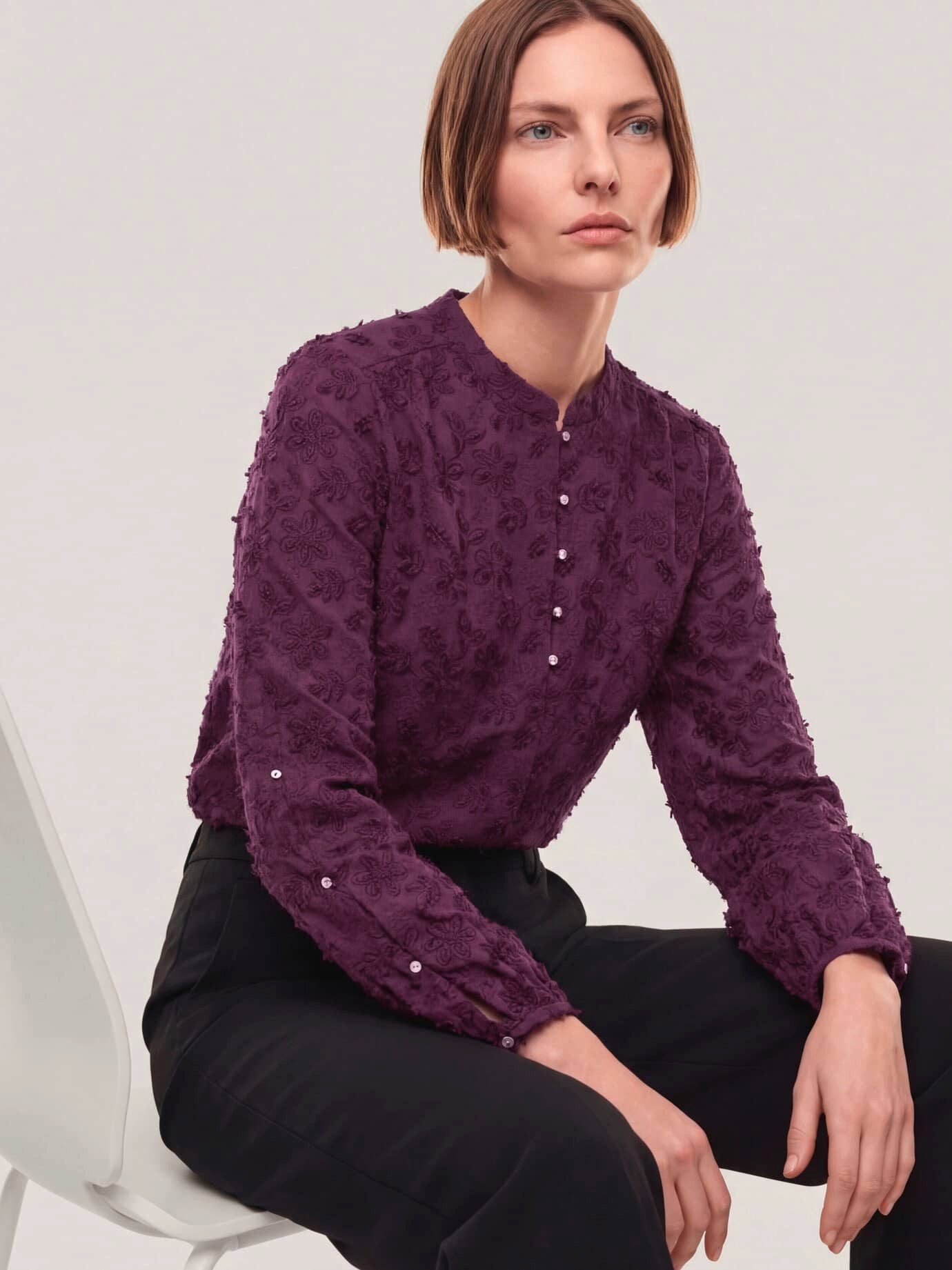 Walbusch Langarmbluse Damen Bluse mit Blütenstickerei Stehkragen Langarm, pflegeleicht, atmungsaktiv
