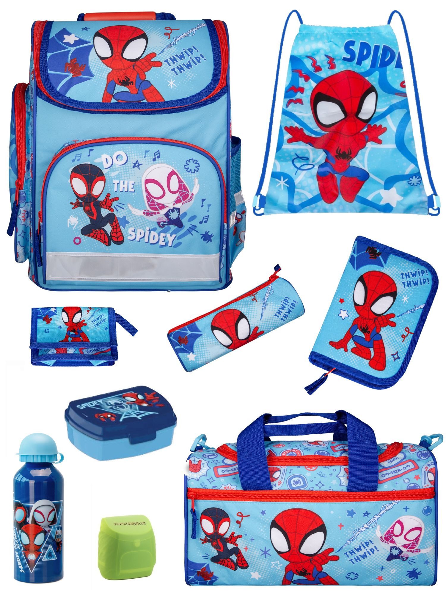 Familando Schulranzen Schulranzen SPIDEY 1.-4. Klasse ergonomisch, leicht, Volumen 15 Liter (9-tlg., inkl. Brotdose, Trinkflasche und Sporttasche), SPIDEY und seine Freunde; Blau