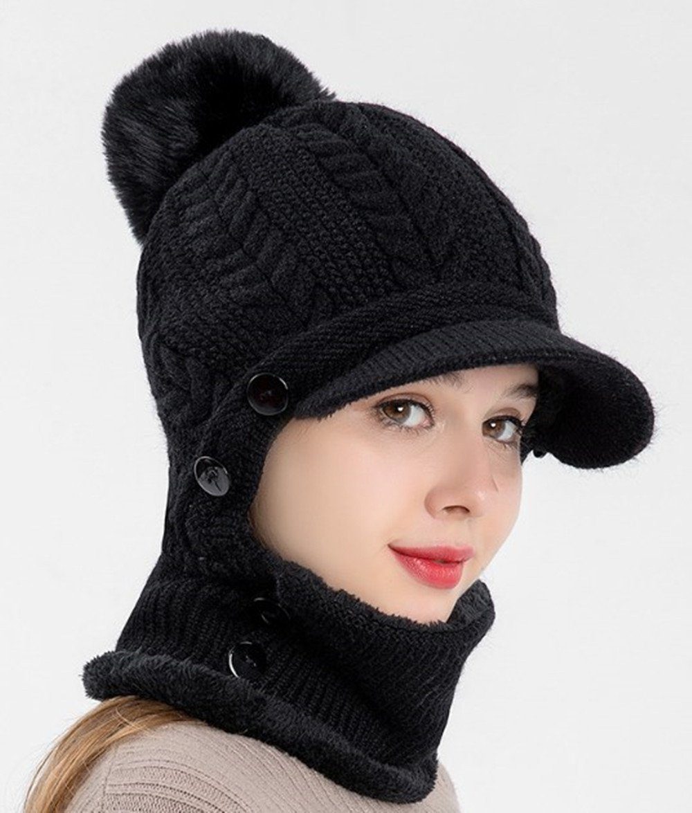 Damen Strickmütze mit für XDeer In Wintermütze Schirm Gefüttert black 1 Gesichtsschutz Verstellbarer Fleece Damen Strickmützen 3