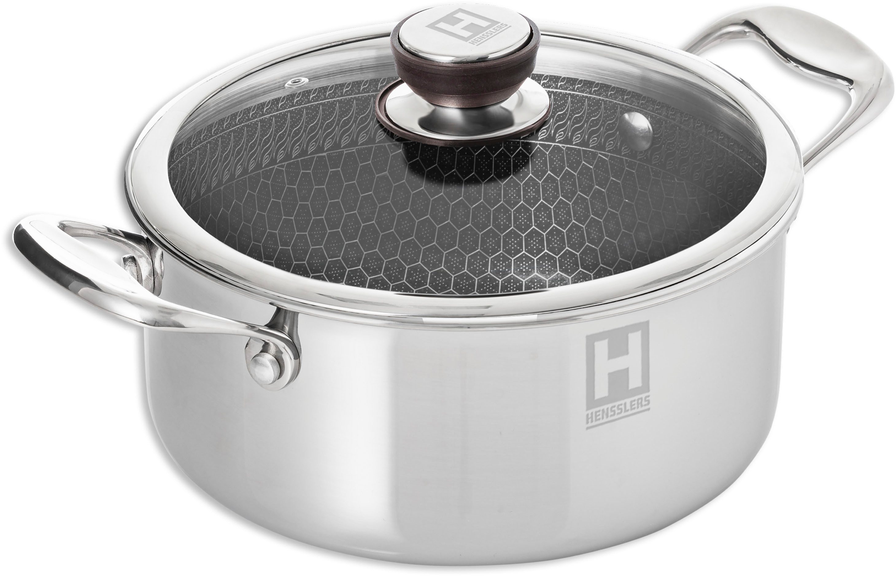 HENSSLERS Pfannen-Set, Edelstahl (Set, 7-tlg., je 1 Pfanne Ø 20/24/28 cm, je 1 Kochtopf Ø 20/24 cm), 3-Schicht Material, Wabenstruktur und Antihaftbeschichtung, Induktion