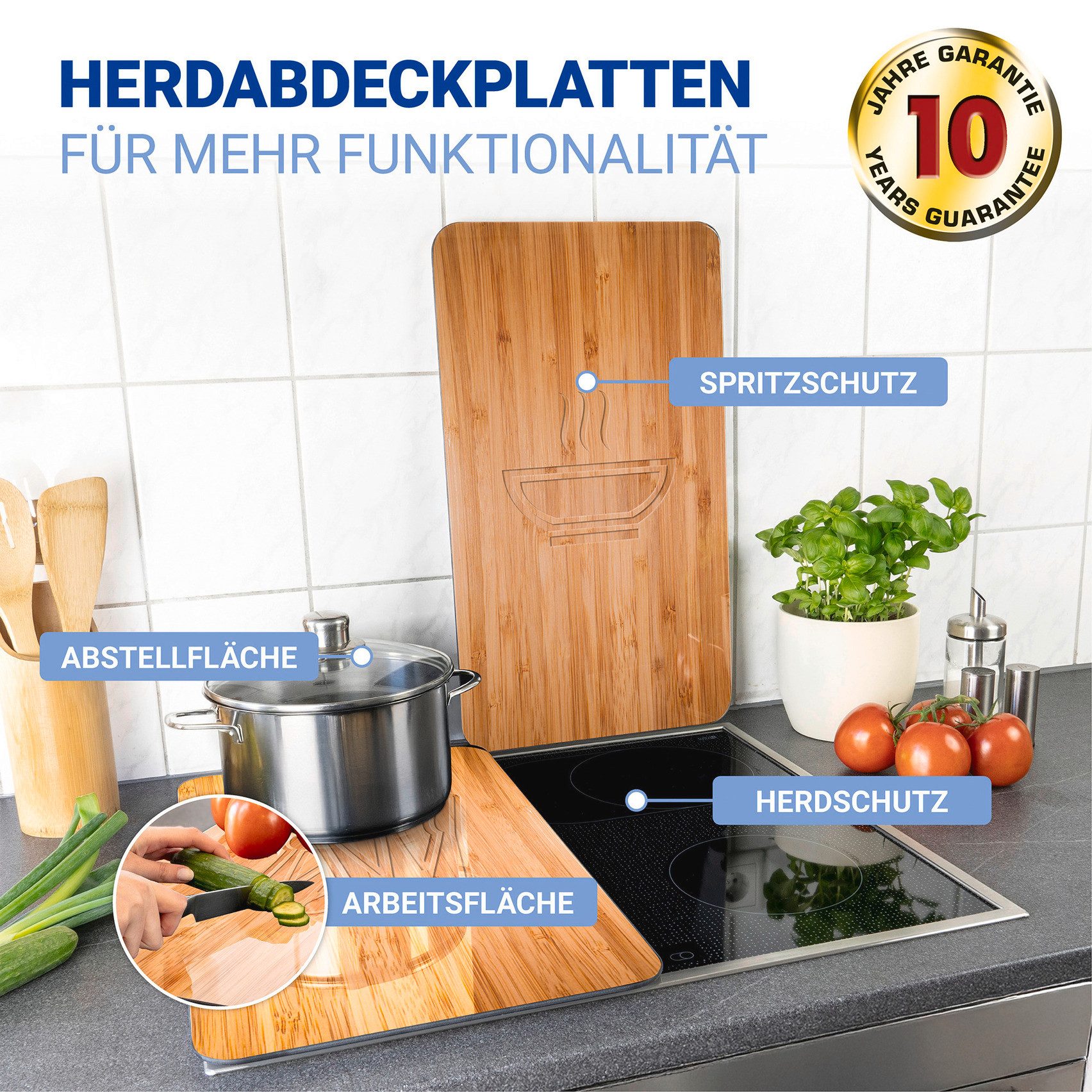WENKO Herd-Abdeckplatte Universal Modell Lunch, Glas, (Set, 2 tlg), Herdabdeckung für alle Herdarten, kratzfest, mit rutschfesten Füßen