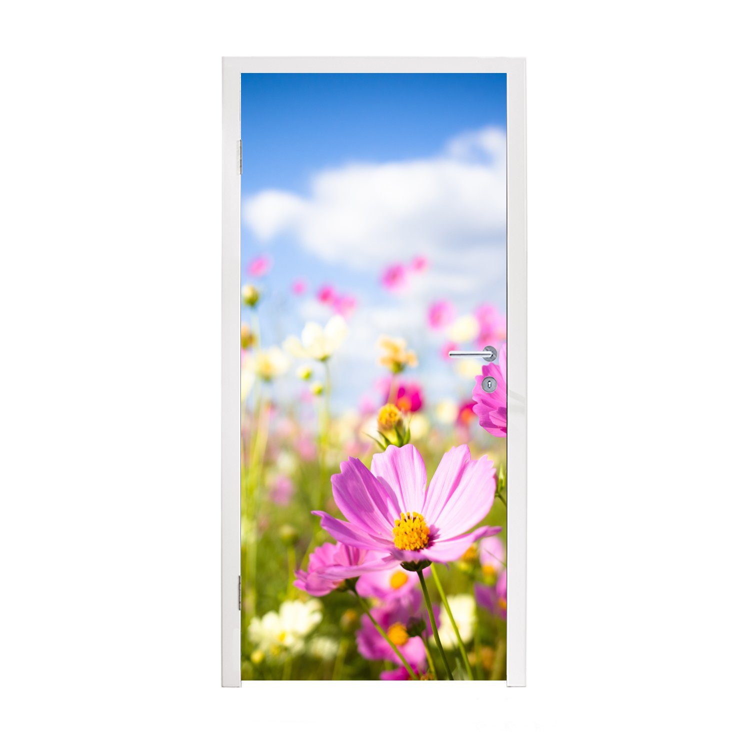 MuchoWow Türtapete Wolken Blau, Lila für (1 Blumen - - - Tür, Matt, St), - 75x205 bedruckt, Türaufkleber, Weiß Gras Fototapete Wiese cm - -