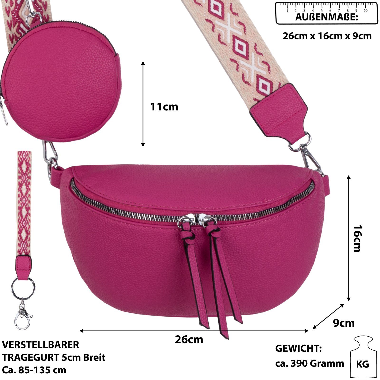 Hüfttasche Crossbody-Bag Italy-D, tragbar als Umhängetasche Kunstleder Bauchtasche FUSCHIA EAAKIE Umhängetasche Gürteltasche CrossOver, Schultertasche,