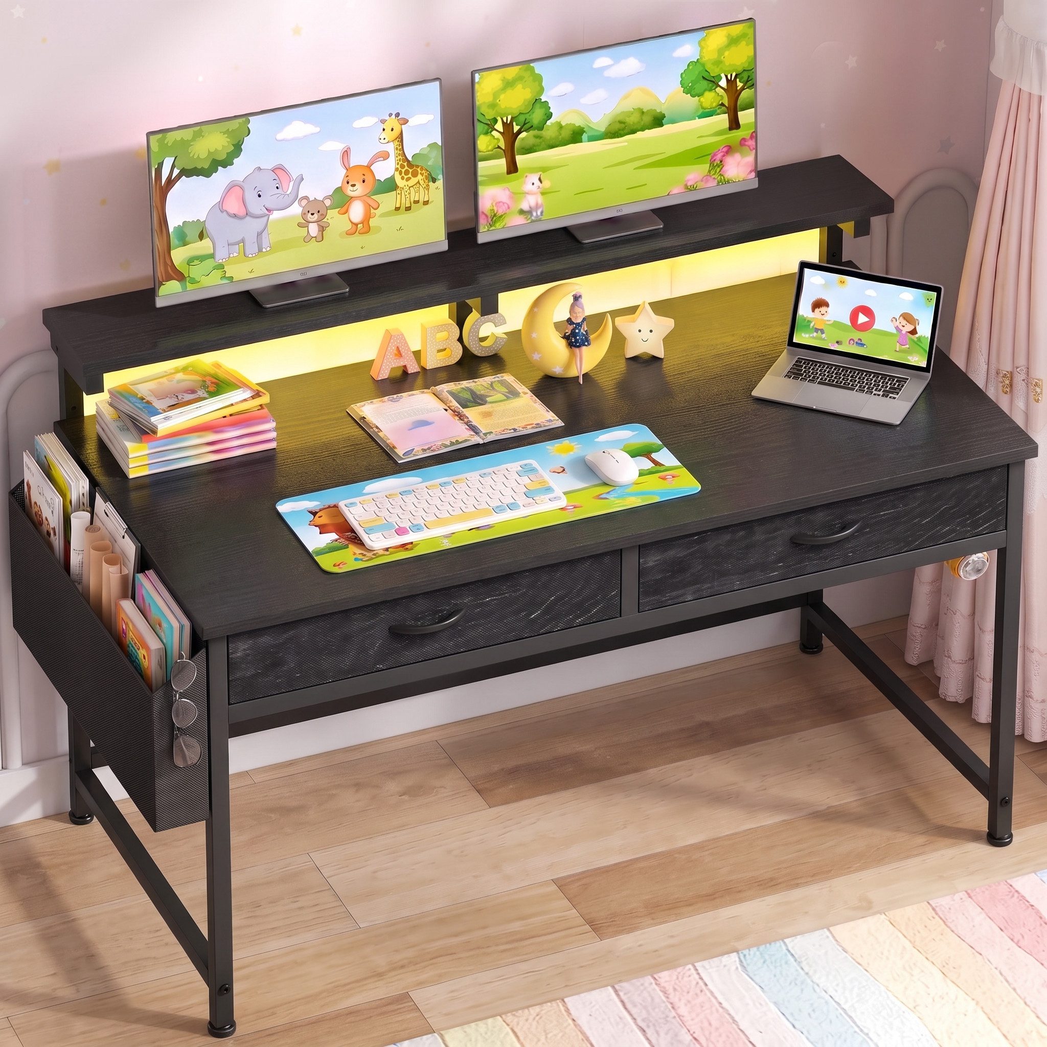Klyvvo Schreibtisch mit 3 Schubladen, Gaming Schreibtisch mit LED Bieten Stauraum (1-St., Monitorständer & Seitenfach, Gaming Tisch RGB mit Fernbedienung), Kompakte Maße Passen Gut in Studierende, Home-Office-Arbeiter