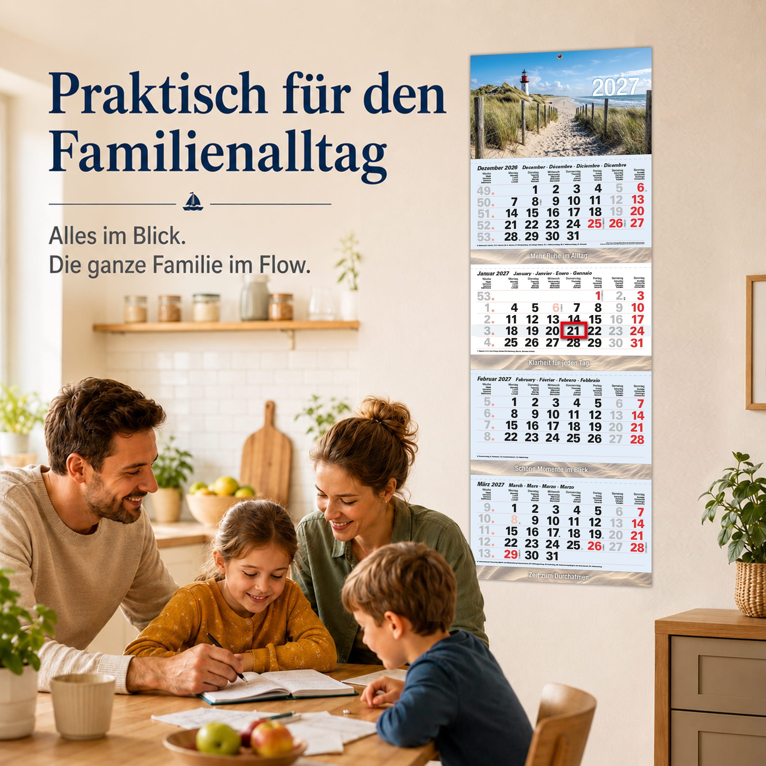TOBJA Wandkalender 4 Monatskalender 2027 Nordsee Leuchtturm Strand 32x95,5 maritim FSC, Leuchtturm-Motiv, maritim, 32x95,5 cm, Datumsschieber, Metallöse – Bild 3 von 5