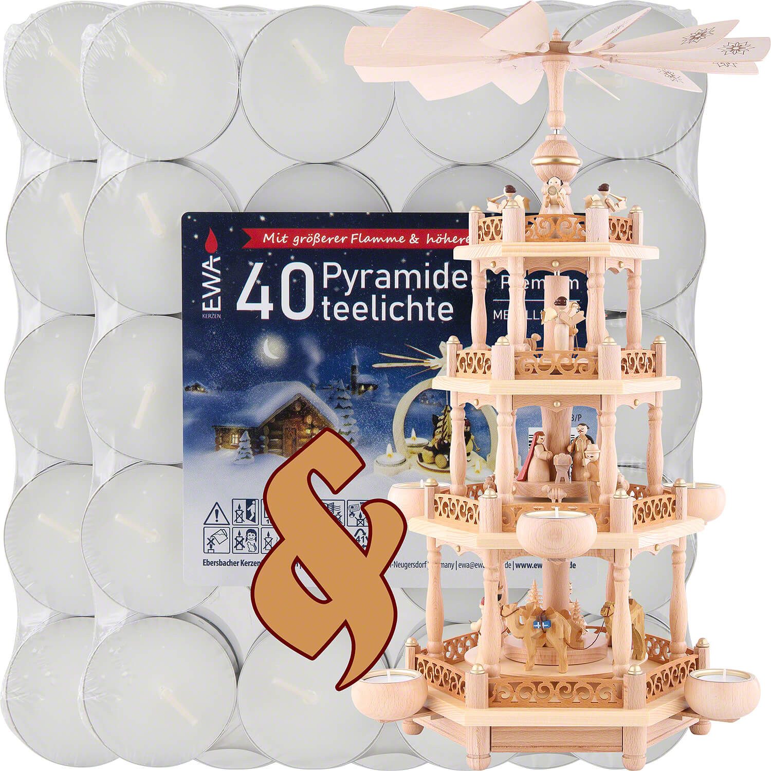 Erzgebirge-Palast Weihnachtspyramide Set 4-stöckige Pyramide "Christi Geburt" und zwei Packungen Teelichter