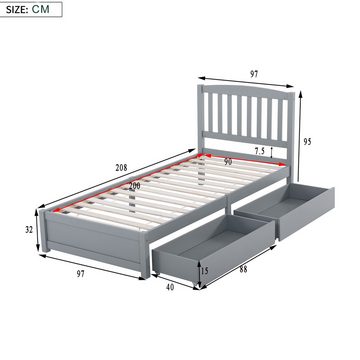 IDEASY Einzelbett Plattformbett, Bett aus massivem Kiefernholz, 90 x 200 cm, 2 Schubladen auf Rollen, grau, keine Boxspringbetten erforderlich