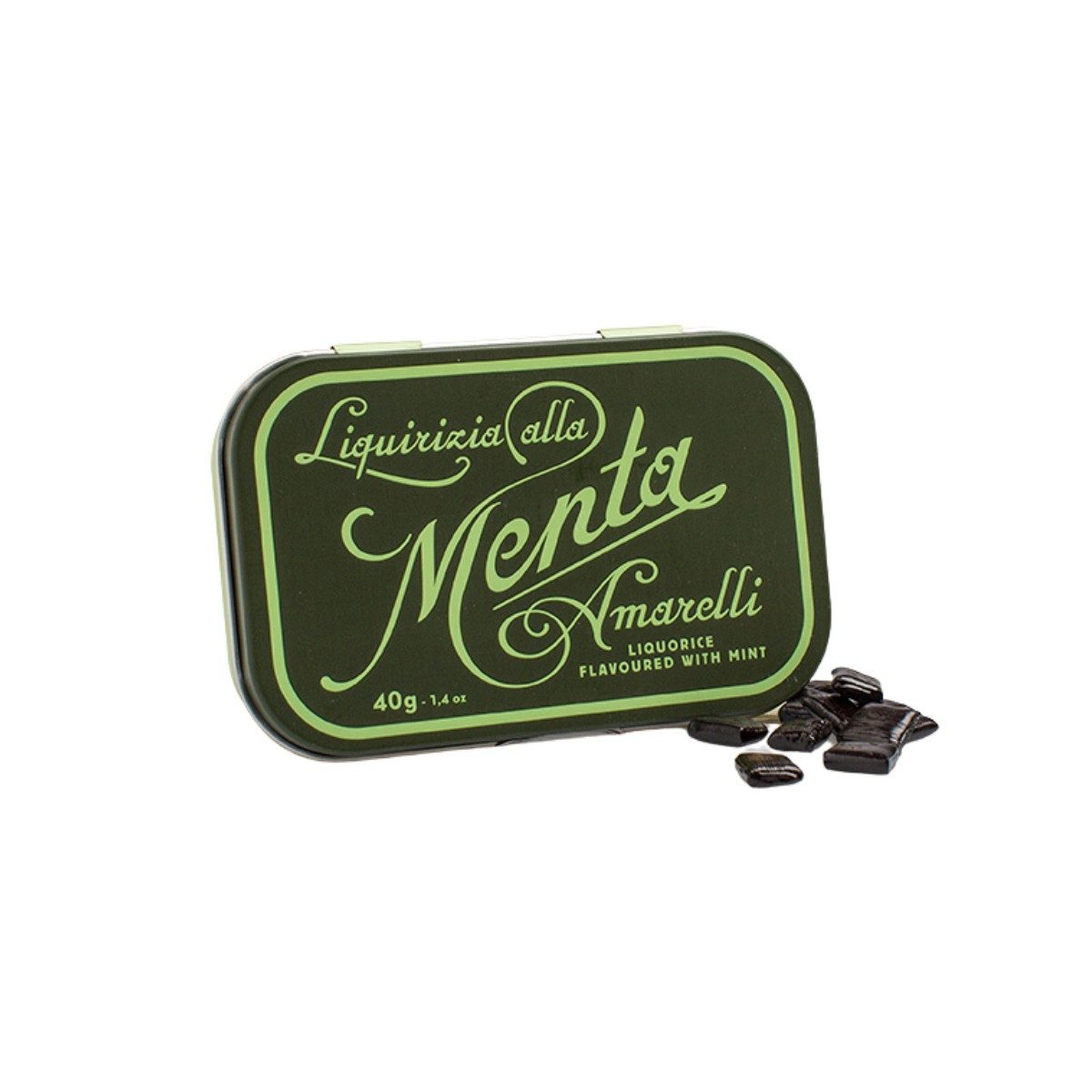 Amarelli Süßigkeit Amarelli Menta, hartes Lakritz mit Minze, nostalgische Dose, 40g, 40 g