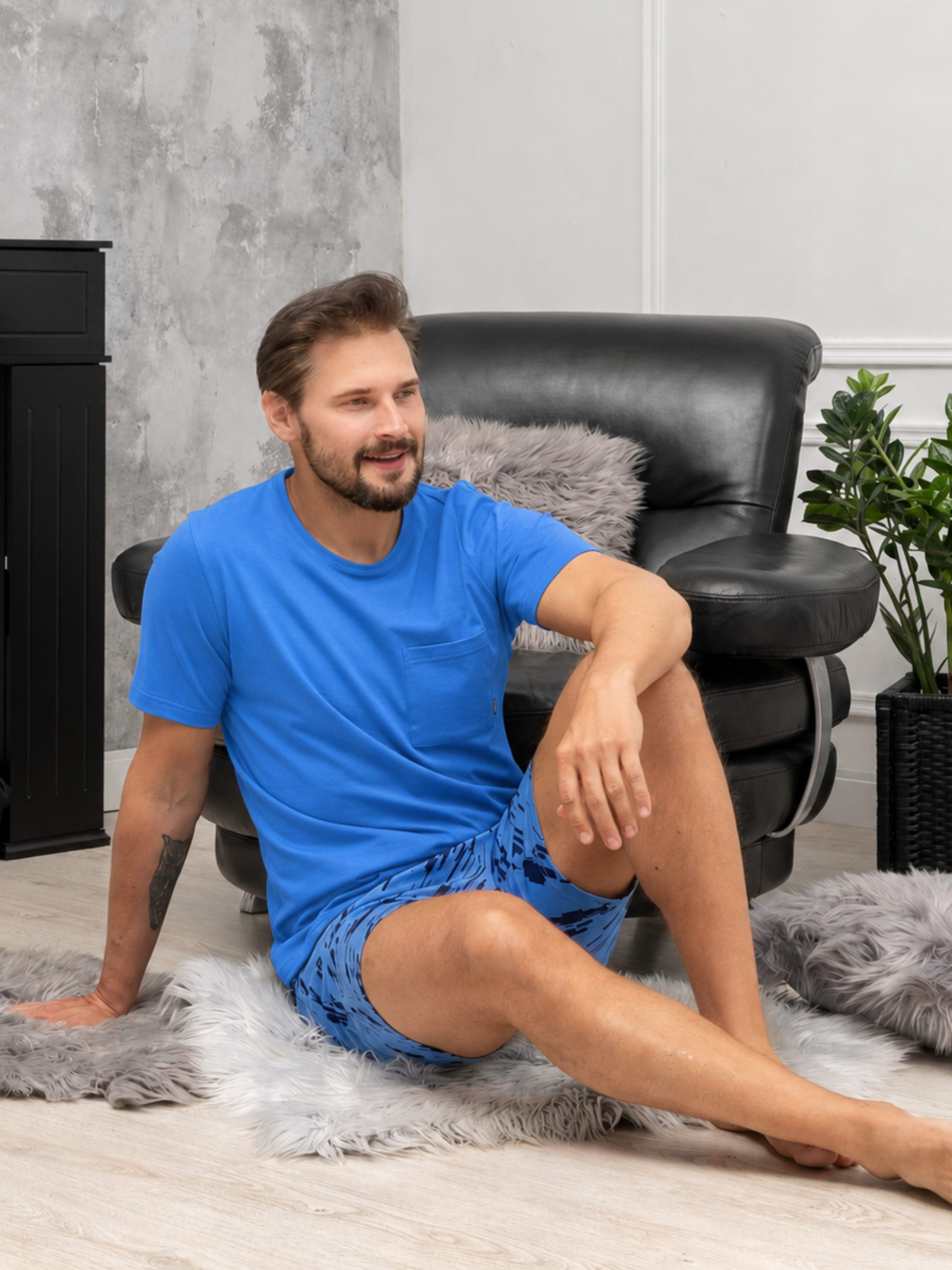HOTBERG Shorty Pyjama-Set Herren kurz (2 tlg) Baumwolle, Blau-Marine, Nachtwäsche mit Print
