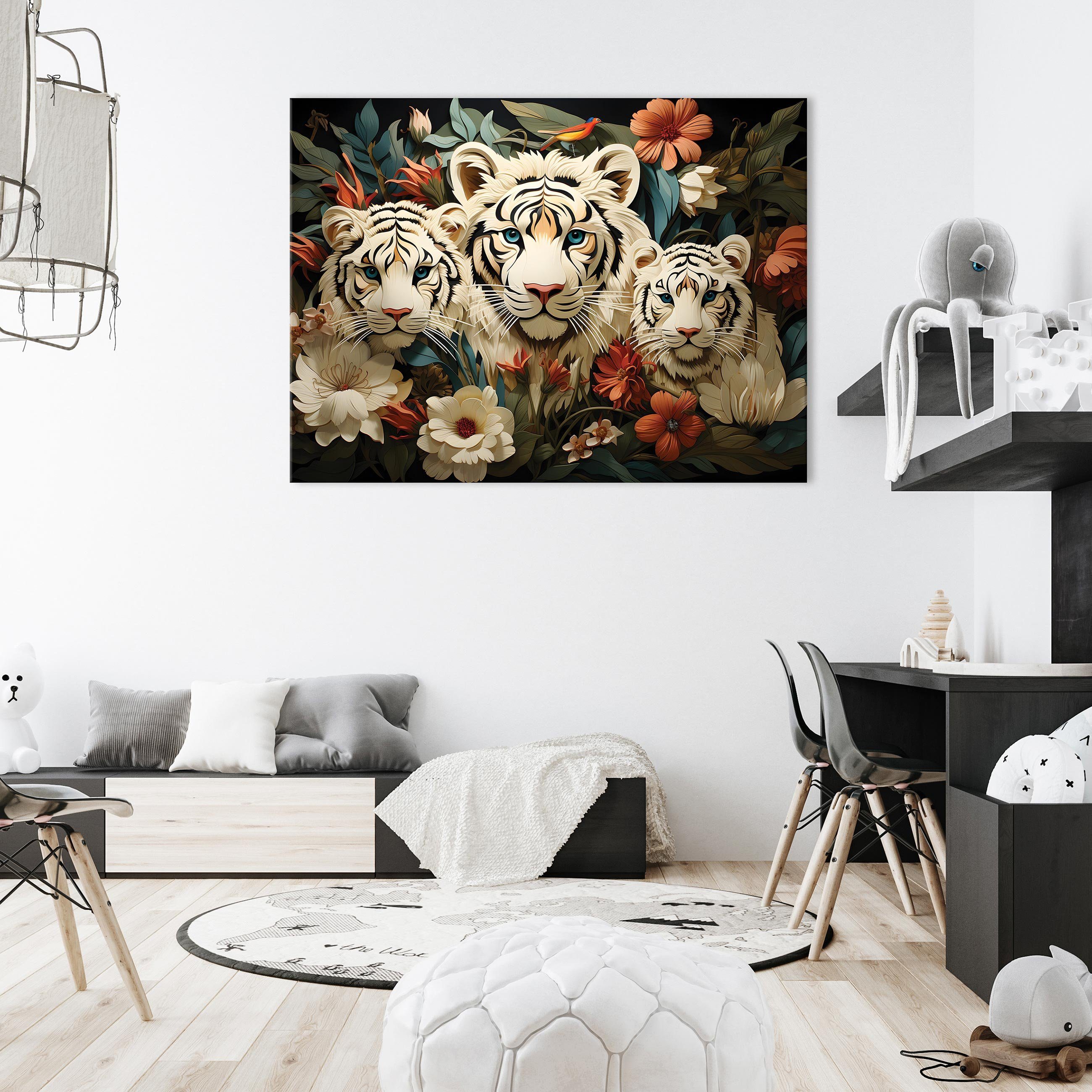 Wallarena Leinwandbild Tiger Tiere Blumen Wandbilder günstig online kaufen