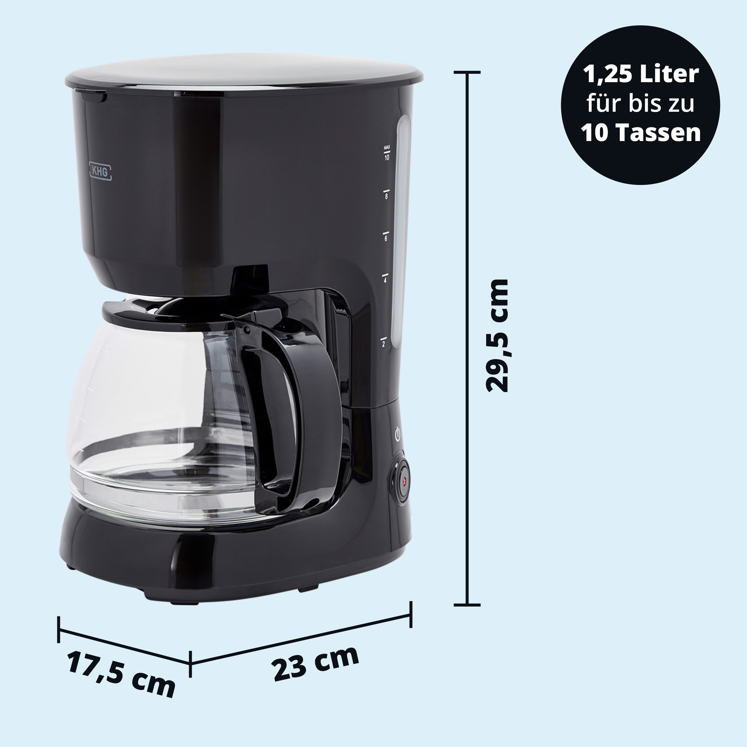 KHG Filterkaffeemaschine KA-128S in schwarz inkl. Glaskanne 1,25 Liter, 10 Tassen, 750 Watt, Permanentfilter, Warmhaltefunktion, Abschaltautomatik & Tropfstopp