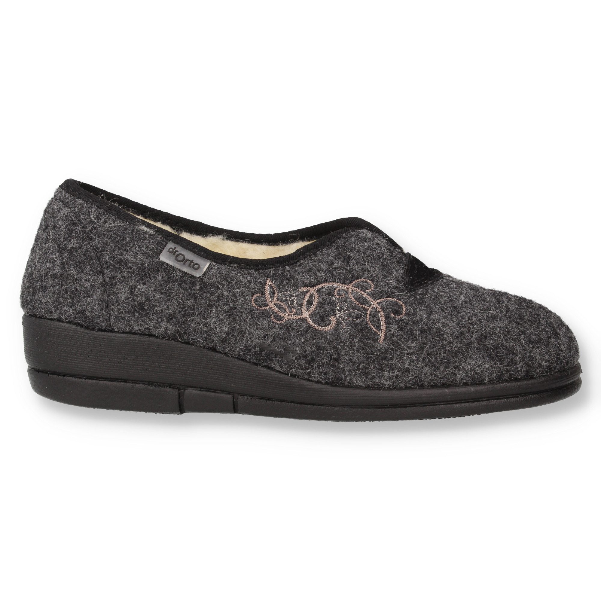 Dr. Orto Kisa zum Schlupfen aus Filz Damen Hausschuh gefüttert mit Schafwolle, mit Blumenstickerei