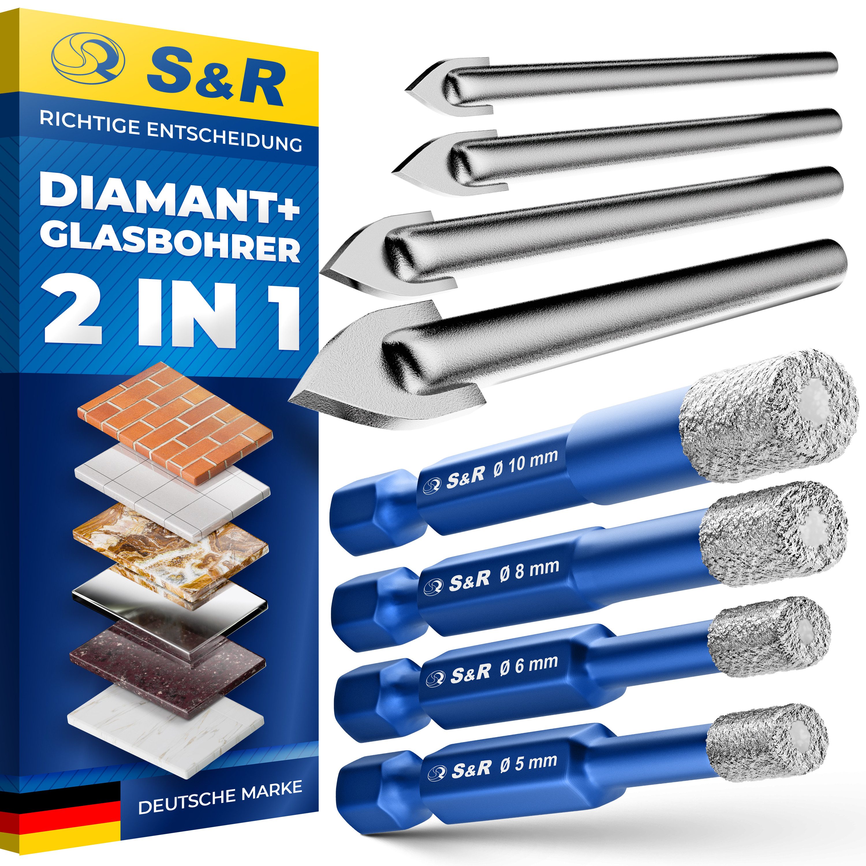 S&R Bohrersatz Diamantbohrer, Fliesenbohrer, Glasbohrer Sechskant-Schaft für, (Set 4-tlg. 5, 6, 8, 10 mm), Keramik, Granit, Glas, Porzellan, Fliesen, Feinsteinzeug, Marmor