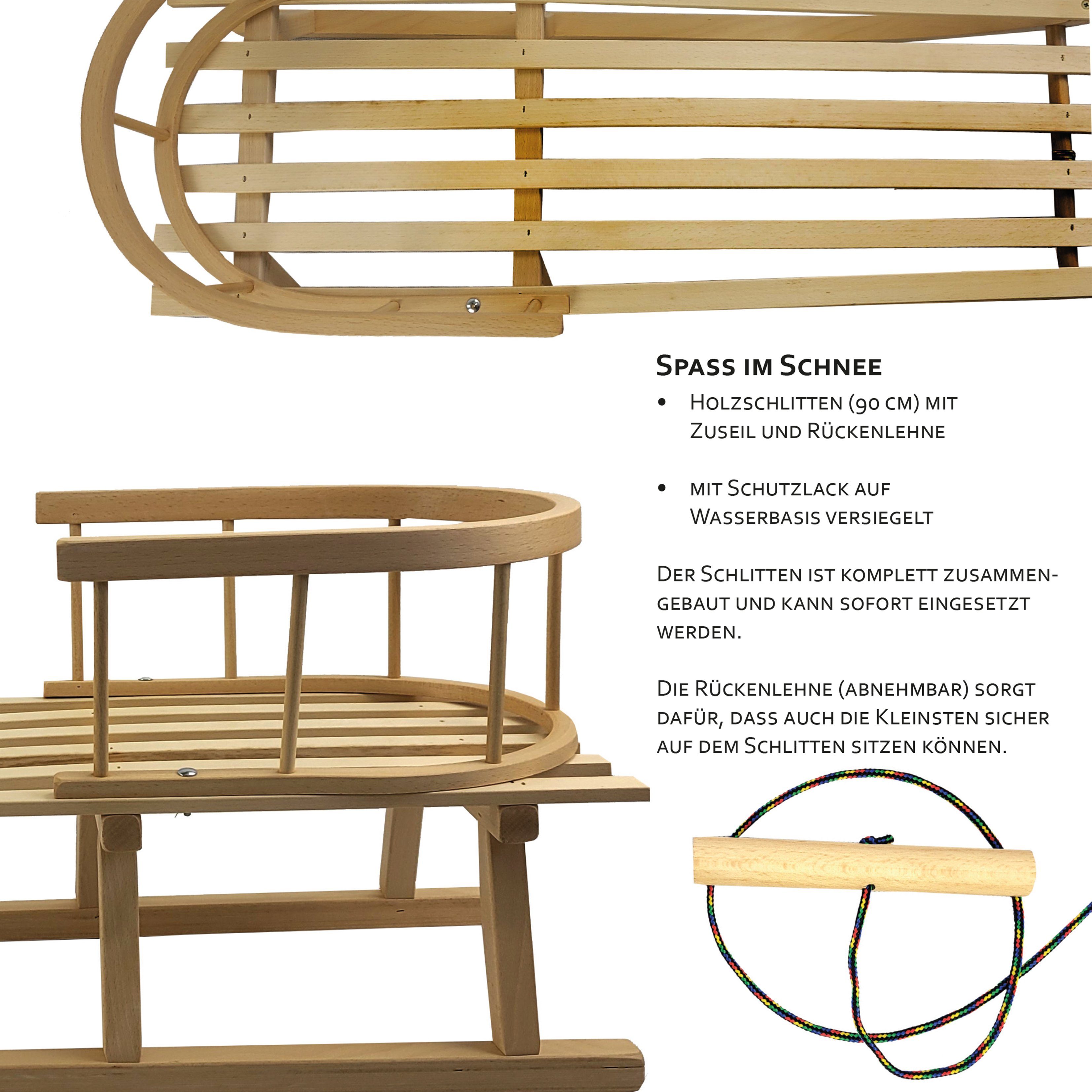BambiniWelt by Rafael K. Davoser Schlitten CE-Holzschlitten mit Rückenlehne + Schiebestange Kinder Schlitten 90cm