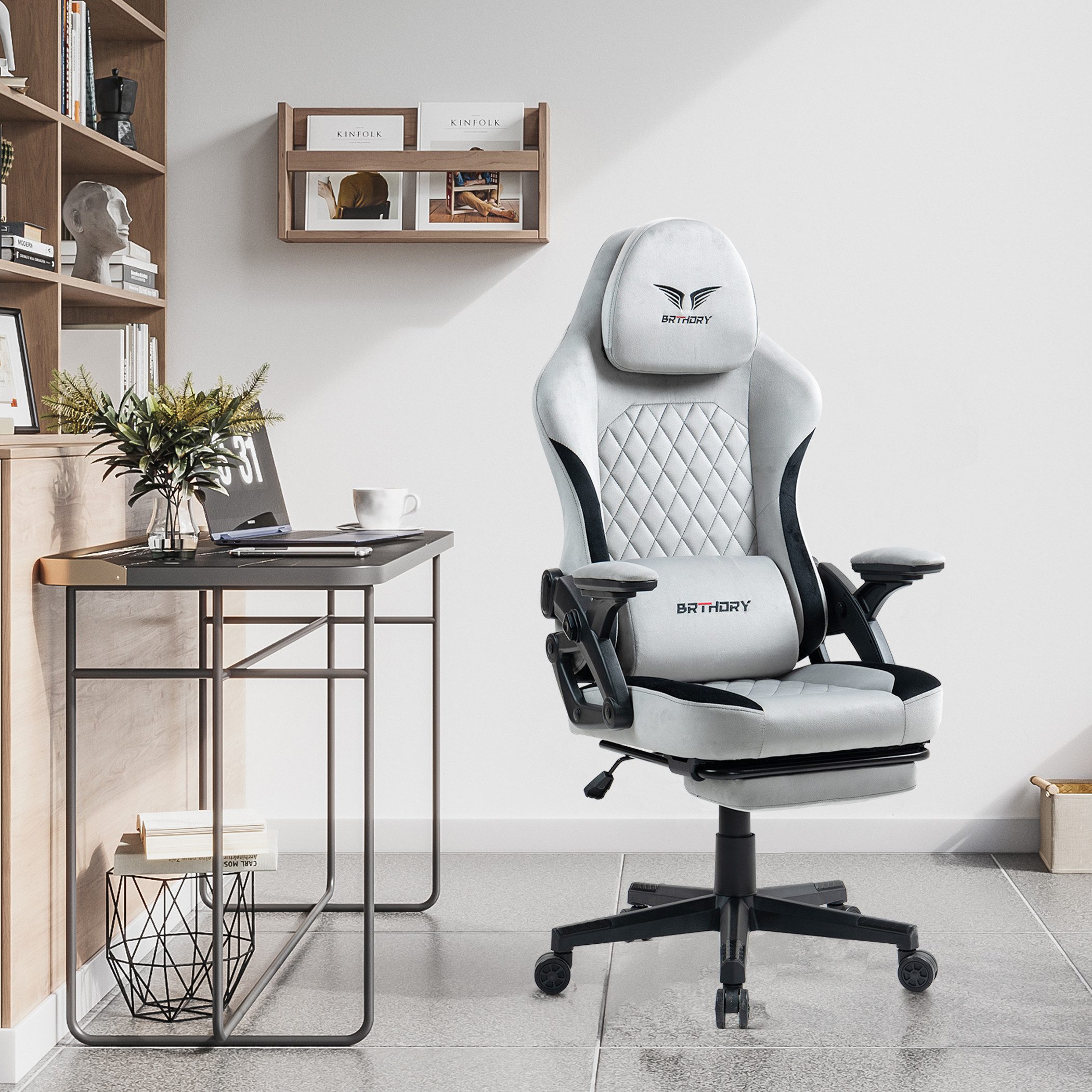 BRTHORY Gaming-Stuhl Rmit Verstellbare Kopfstütze Wippfunktion, 135°, Hellgrau